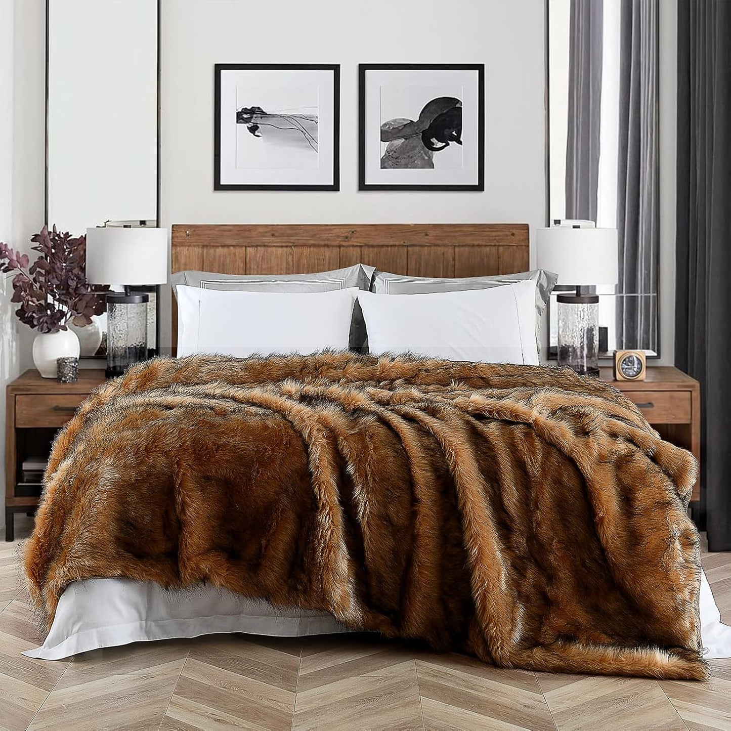 Luxury Plush Faux Fur Blanket King Size, Long Pile Brown with Black Tipped Throws, Oversized Super Warm, Fuzzy, Elegant, Fluffy Decoration Throw Blanket for Sofa, Armchair, Couch and Bed, 104"x90"