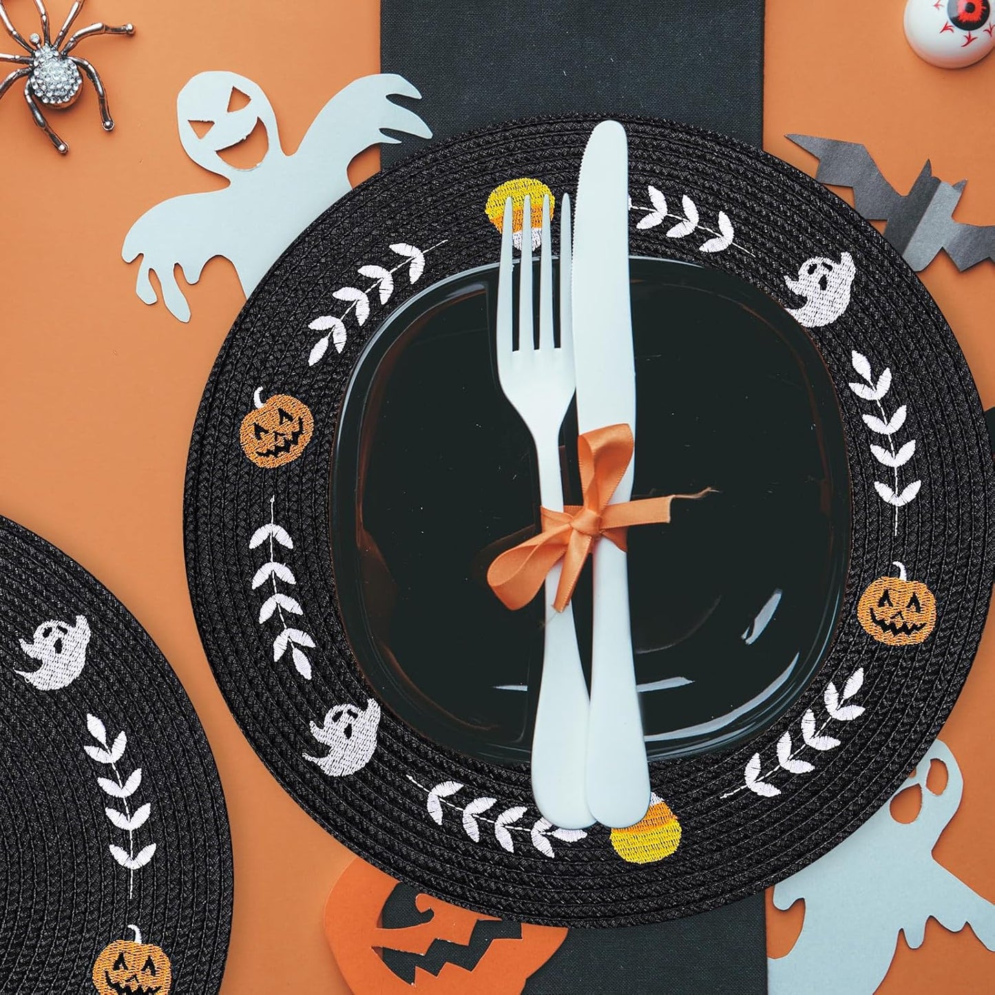 Whaline 4Pcs Round Halloween Placemats Embroidered Ghost Pumpkin Candy Corn Place Mats Black Spooky Dinner Table Mats for Halloween Party Decor