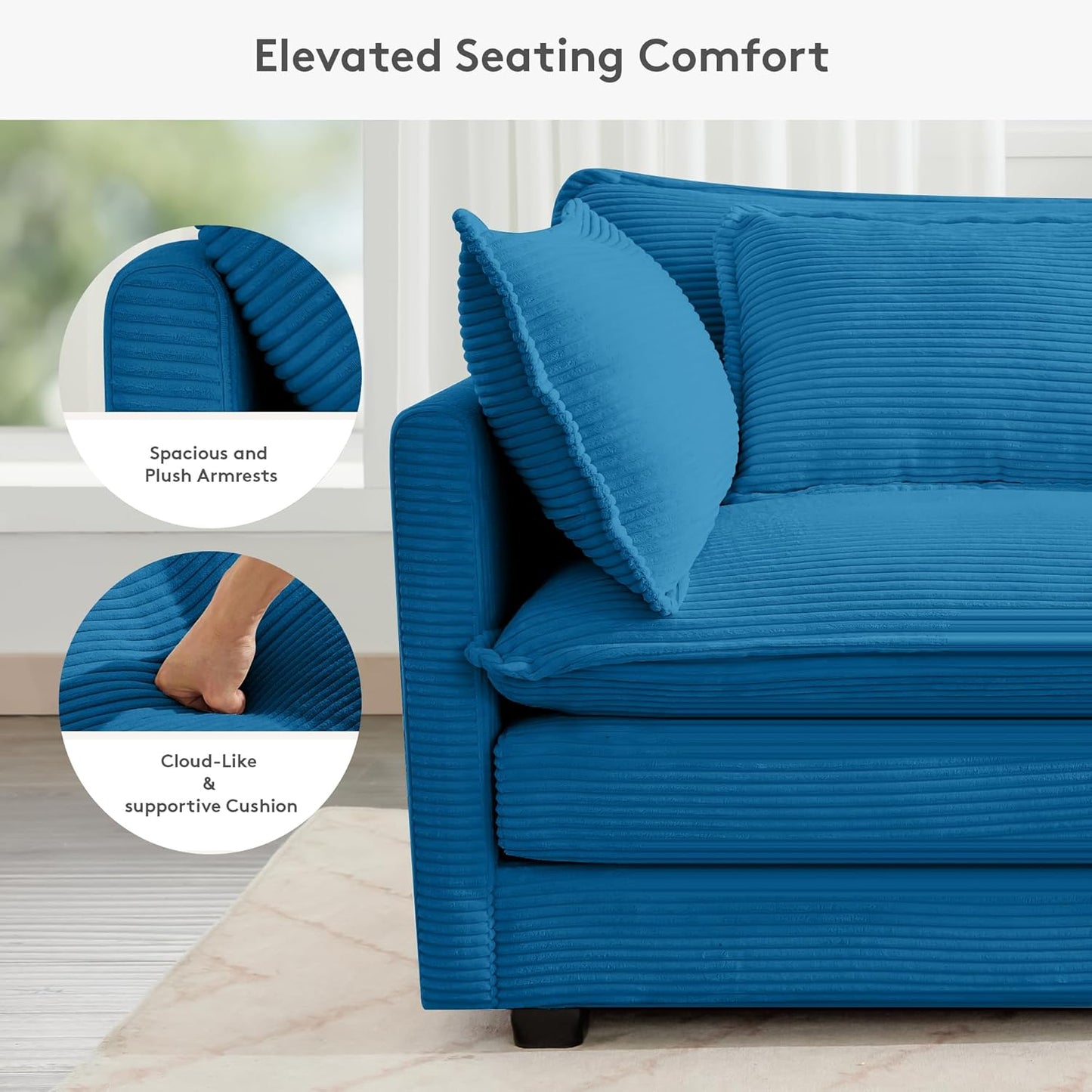 ROWHY 150'' Cloud Modular Sectional Sofa, 7 Seater Sectional Sofa Corduroy Oversized L Shaped Couch with 4 Pillows, Movable Ottoman, Deep Seat Sectional Couches for Living Room Office Bedroom, Blue