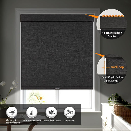 Persilux Free-Stop Cordless Blinds for Indoor Windows with Cover, Window Shades Blackout Roller Blinds, Thermal Insulated Fabric UV Protection for Kitchen, Office, Living Room, Black(61" W x 72" H)