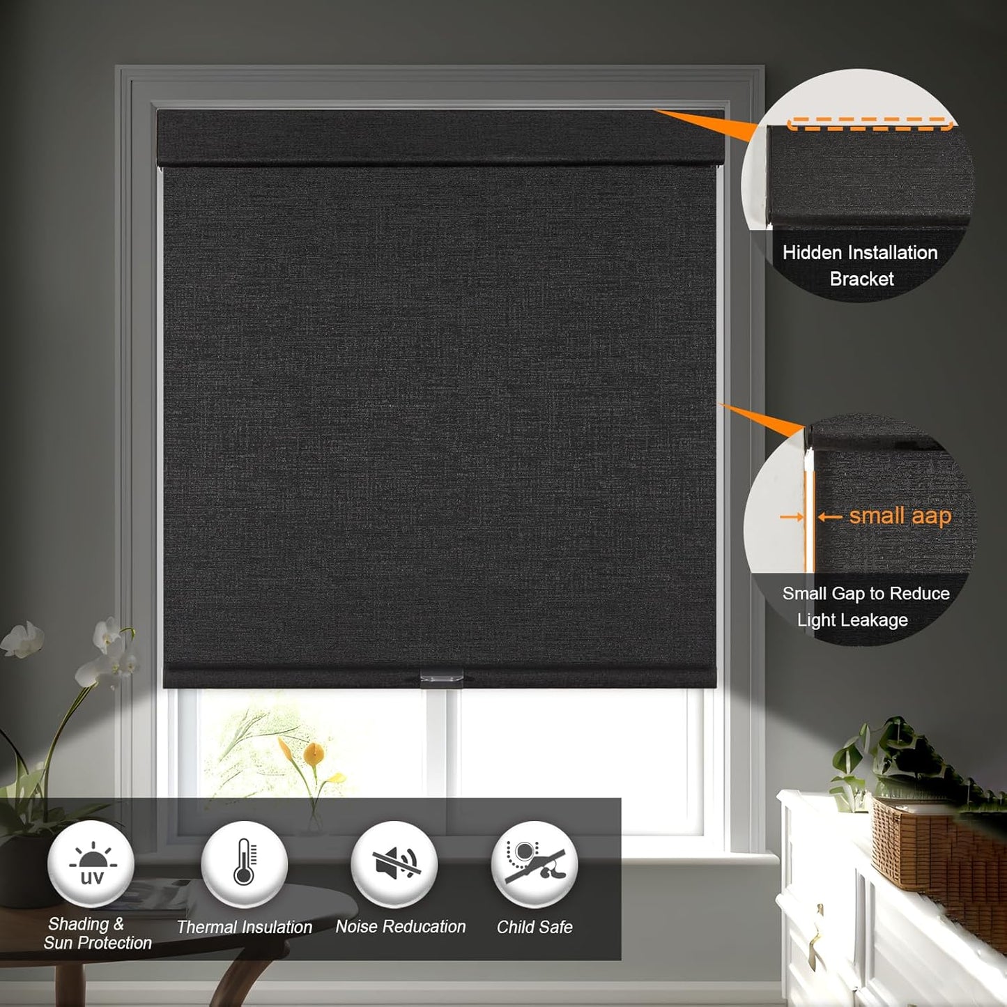 Persilux Free-Stop Cordless Blinds for Indoor Windows with Cover, Window Shades Blackout Roller Blinds, Thermal Insulated Fabric UV Protection for Kitchen, Office, Living Room, Black(57.5" W x 72" H)