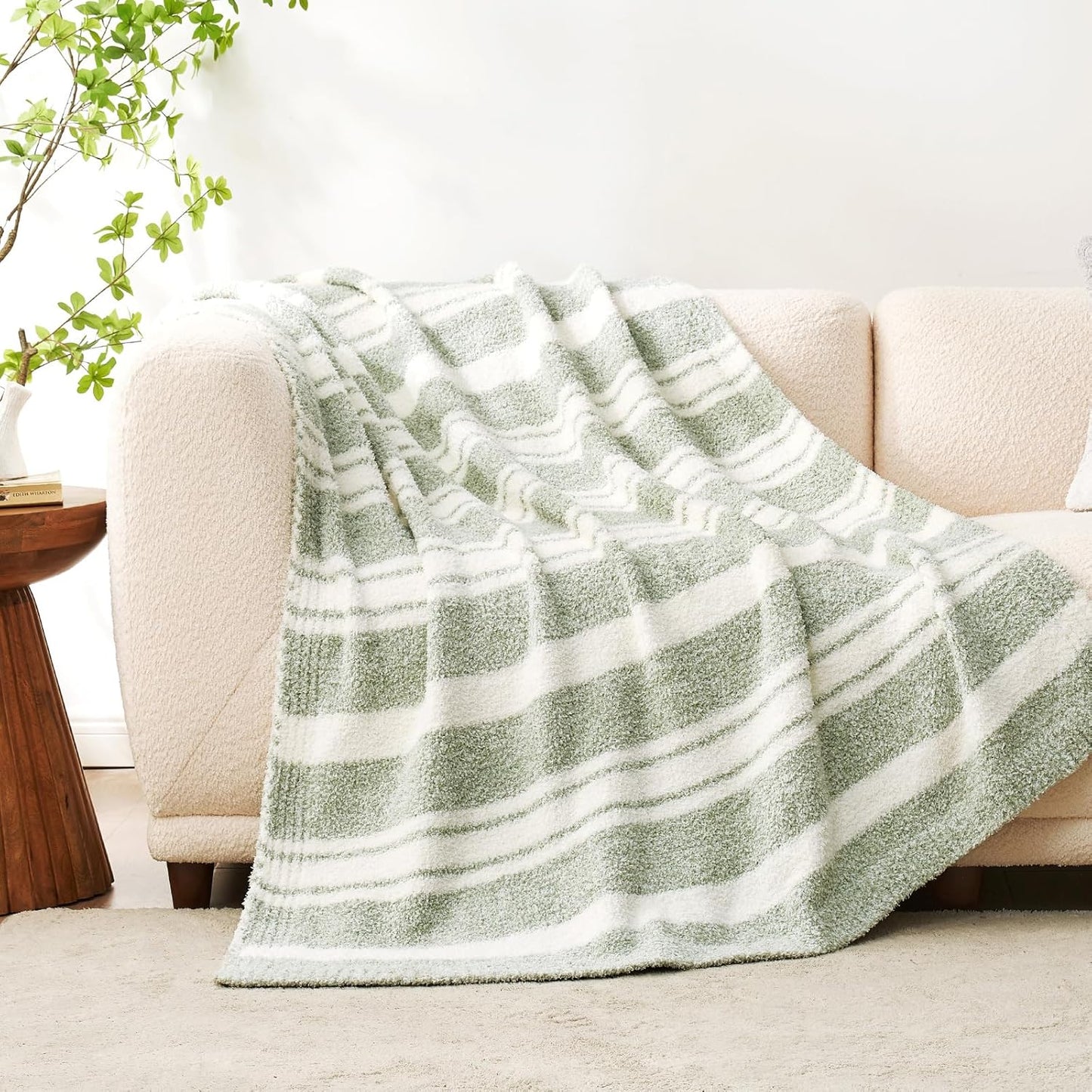 Snuggle Sac Stripe Sage Green Throw Blanket for Couch, Super Soft Warm Blankets Cozy Knit Fuzzy Plush Lightweight Throws for Sofa, Bed,Living Room, Stripe Green, 50x60 inches