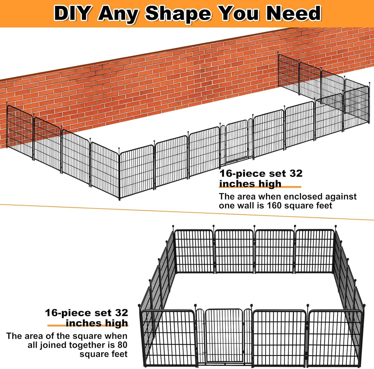 Garden Fences with Gate, 32 in(H)×27 in(L) 16 Panels Total 35.4 Ft(L), Garden Animal Barrier, Fence for Dogs Outside, Heavy Duty Iron Metal Animal Barrier Fence, Flower Bed Fencing