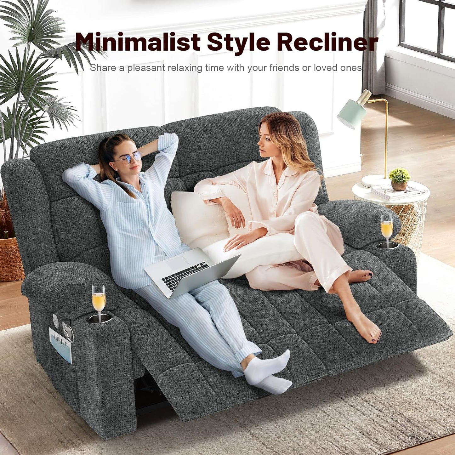 Loveseat Recliner Sofa, 2 Seater Minimalist Style Fabric Manual Pull Tab Reclining Loveseat with USB Charge Ports, Cup Holders, Recliner Love Seat Couches for Living Room, RV, Gray