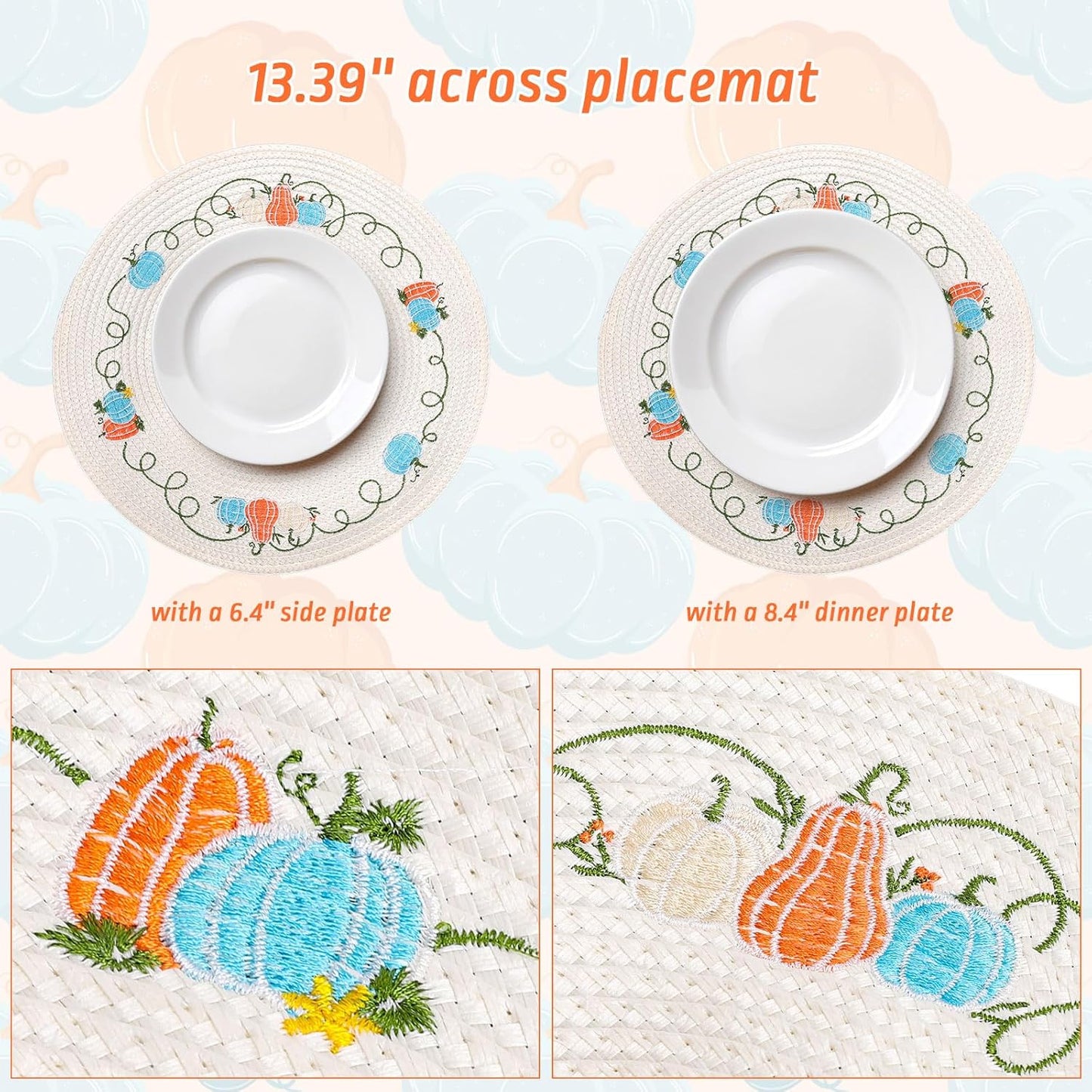 Whaline 4Pcs Round Fall Placemats Pumpkin Embroidered Place Mats Autumn Dinner Table Mats for Home Harvest Thanksgiving Holiday Party Decor