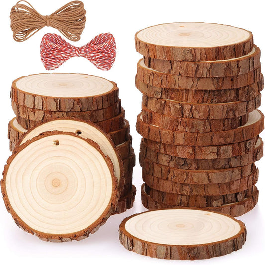 Fuyit Natural Wood Slices 25 Pcs 3.1-3.5 Inches Craft Wood Kit Unfinished Predrilled with Hole Wooden Circles Tree Slices for Arts and Crafts Christmas Ornaments DIY Crafts