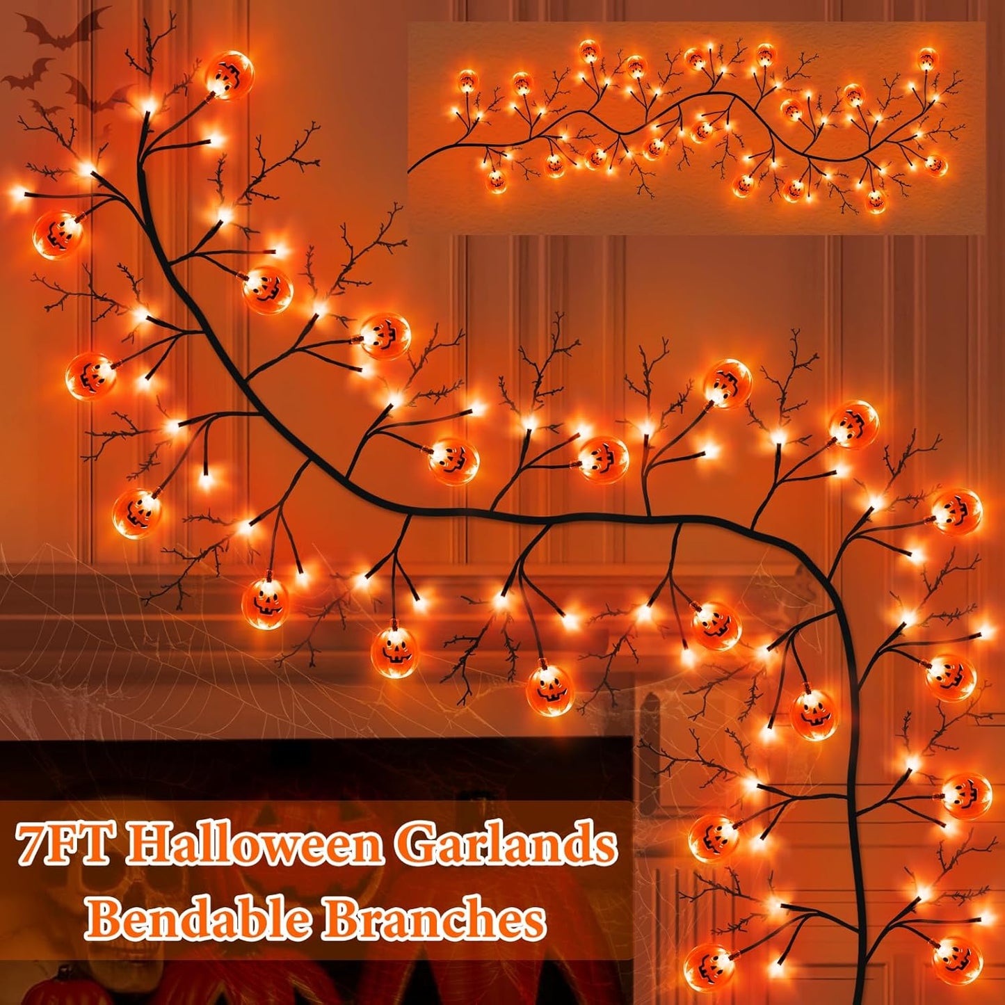 7 Ft 63 LED Halloween Decorations Willow Vine Twig Garland with 8 Modes Timer 21 Pumpkin Orange Lights, Halloween Garland with Waterproof Battery Operated for Indoor Wall Fireplace Decorations