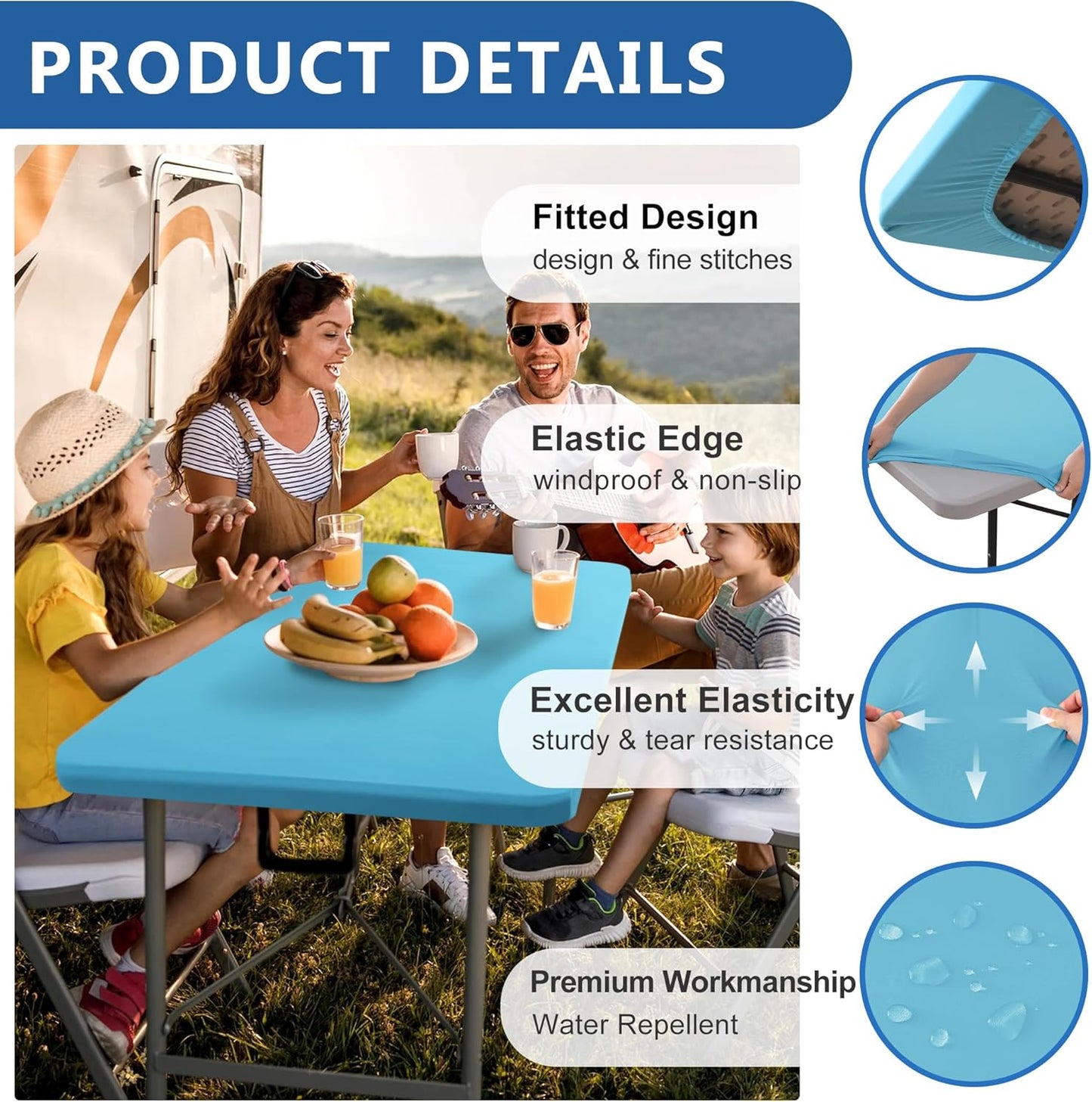 Fitted Tablecloth for 8 Foot Rectangle-6 Pack Light Blue Elastic Outdoor Picnic Table Cover-Spandex Stretch Folding Table Cloths 8ft for Camping Dining Room Patio Kitchen Banquet Party