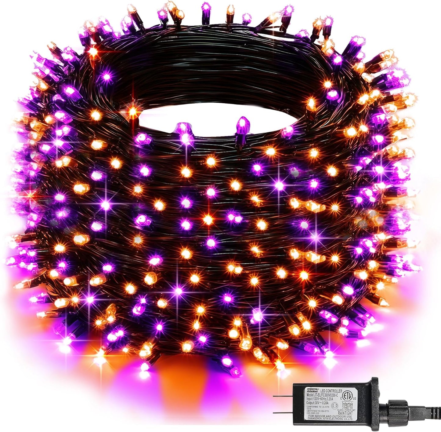 Dazzle Bright Halloween String Lights, 600 LED 196 FT Waterproof Black Wire String Lights with 8 Lighting Modes, Halloween Decorations Outdoor for Party Yard Garden Decor, Purple and Orange