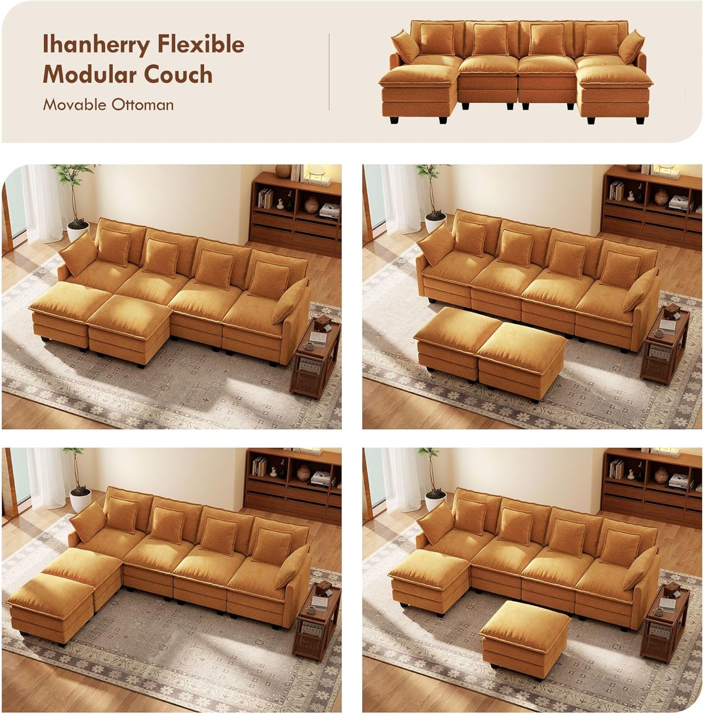 Ihanherry 106" L Shaped Modular Sectional Cloud Sofa, Modern 6 Seat Chenille Couch with Ottoman for Living Room, Bedroom and Apartment, Orange