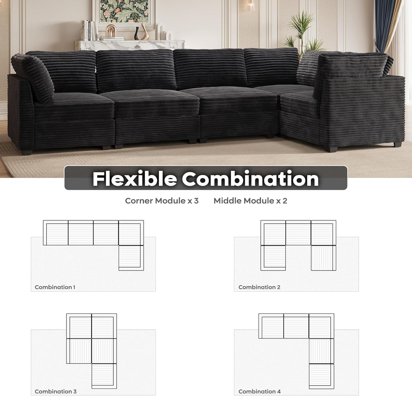 ovios Sectional Sofa Couch with L-Shape Chaise Convertible, Comfy Modular Cloud Couches with Deep Seat, Modern Upholstered Plush Corduroy Sofas Set for Living Room, 5-Seater, Black
