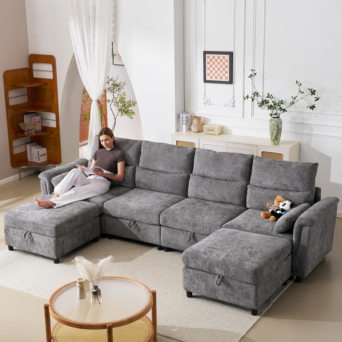 132'' Oversized Modular Sectional Sofa, U Shaped Comfy Sectional Couch with Large Storage, 6 Seat Chenille Deep Seat Cloud Sofa with 2 Throw Pillows for Living Room,Grey