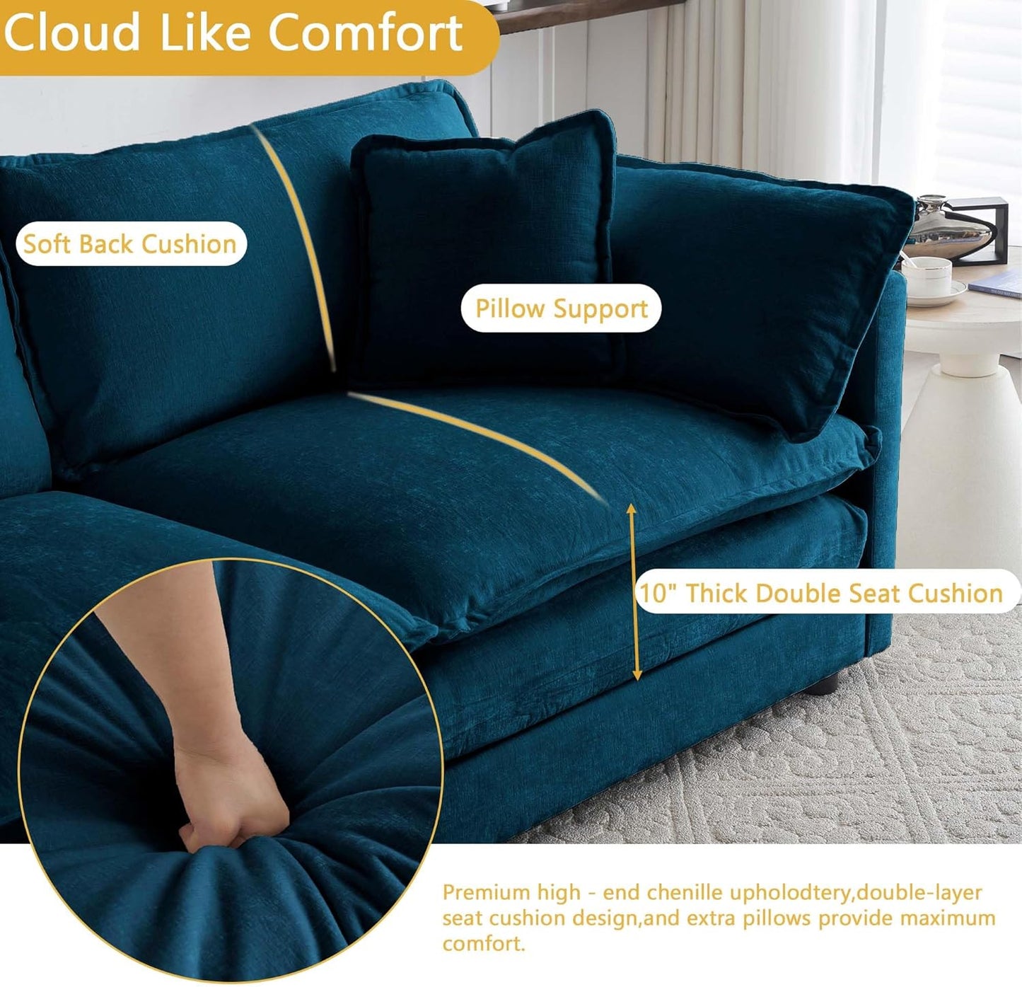 Sectional Sofa 4 Seater with Movable 2 Ottomans,Oversized Modular Couch Deep Seat (Blue, 146.5 inch-U)