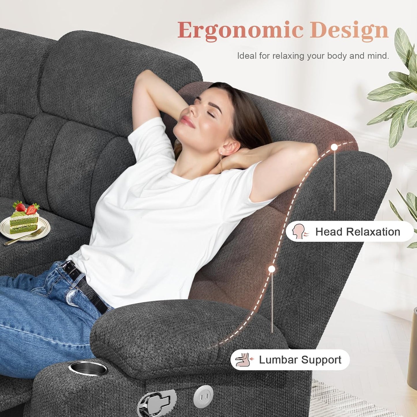 Loveseat Recliner Sofa, 2 Seater Curved Sofa for Living Room, Fabric Manual Pull Tab Reclining Loveseat with Storage Console, Recliner Loveseat Couches with USB Charge Ports, Cup Holders, Grey