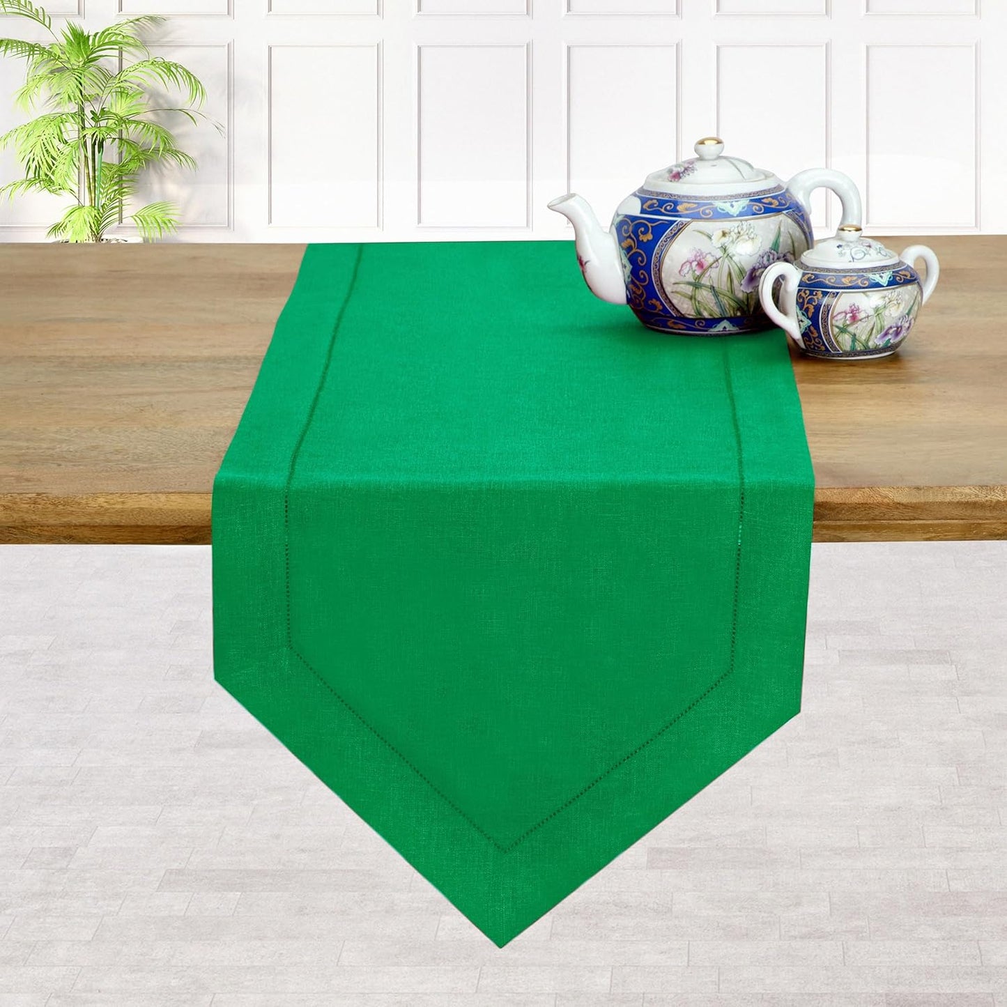 D'Moksha Homes Kelly Green Linen Table Runner 72 Inches Long - 100% Pure Linen Diamond Table Runner 14 x 72 Inch for Dining, Fall and Halloween - Machine Washable