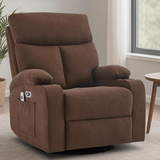 Swivel Power Recliner Chair for Adults with Full Body Massage, Electric Rocker Recliner Chairs for Living Room with USB and Type-C Ports, Fabric Rocking Reclining Sofa Chair (Cocoa Brown)
