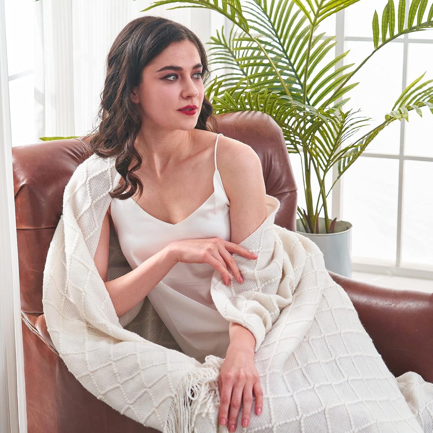 inhand Knitted Throw Blankets for Couch and Bed, Soft Cozy Knit Blanket with Tassel, Off White Lightweight Decorative Blankets and Throws, Farmhouse Warm Woven Blanket for Men and Women, 60"x80"