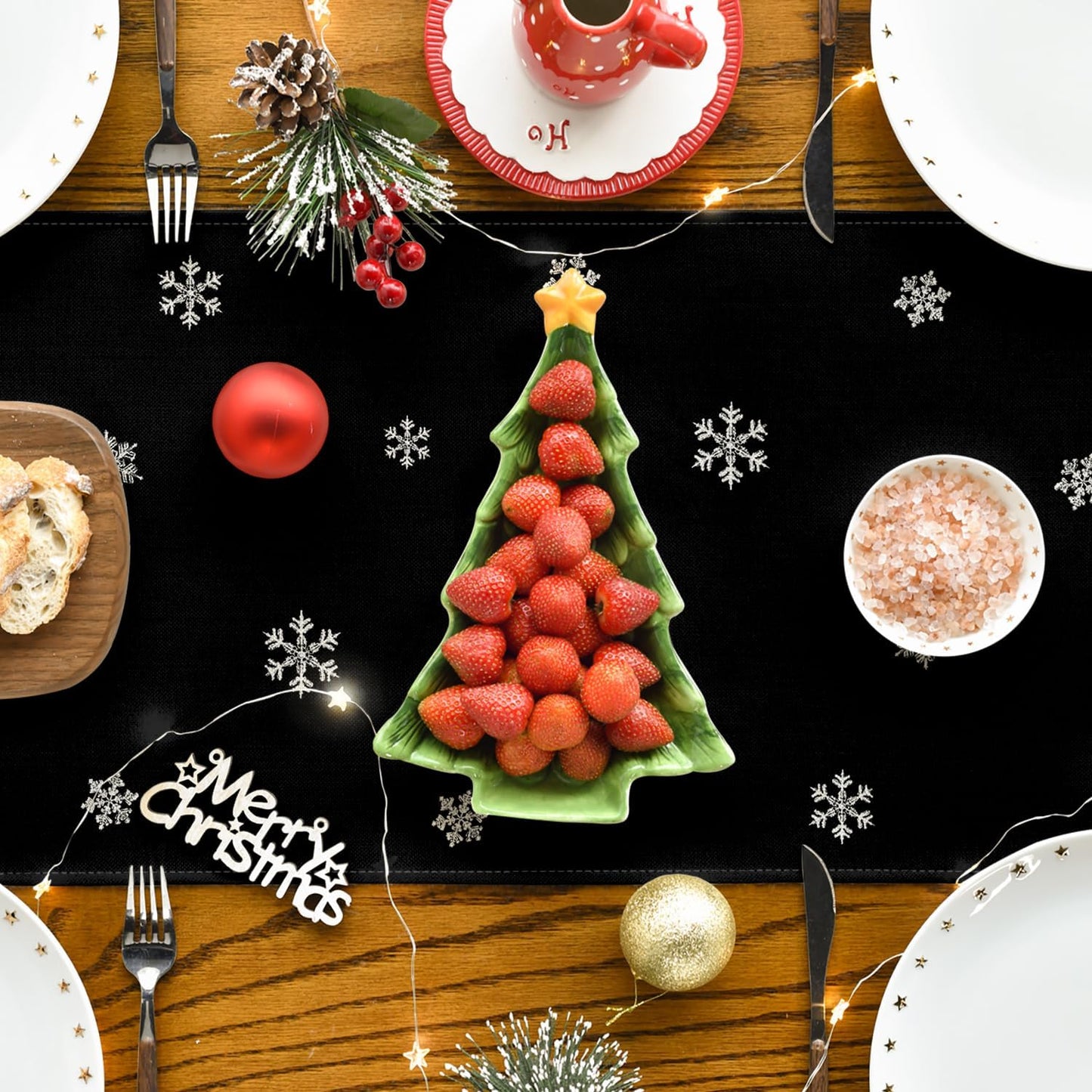 Artoid Mode Xmas Trees Snowflakes Black Merry Christmas Table Runner, Winter Seasonal Kitchen Dining Table Decoration for Home Party Decor 13x48 Inch