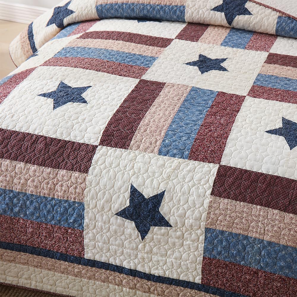 Cotton Bedding Quilt Sets 3 Pieces Reversible Coverlet Sets All Season Boys Real Patchwork Bedspread, MediterraneanStar Pattern,King Size
