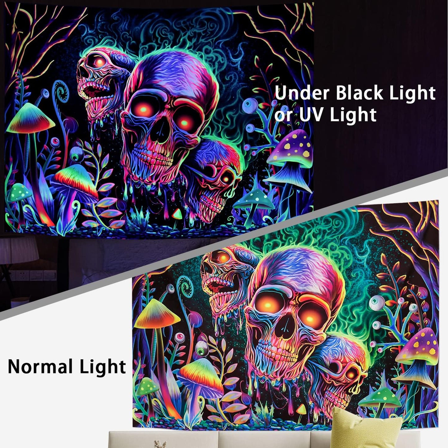 Amonercvita Blacklight Skull Tapestry Trippy Skeleton Wall Tapestries UV Reactive Neon Plants Trees Tapestries Aesthetic Galaxy Space Tapestry Wall Hanging for Bedroom Decor(W51.2×H59.1 inches)