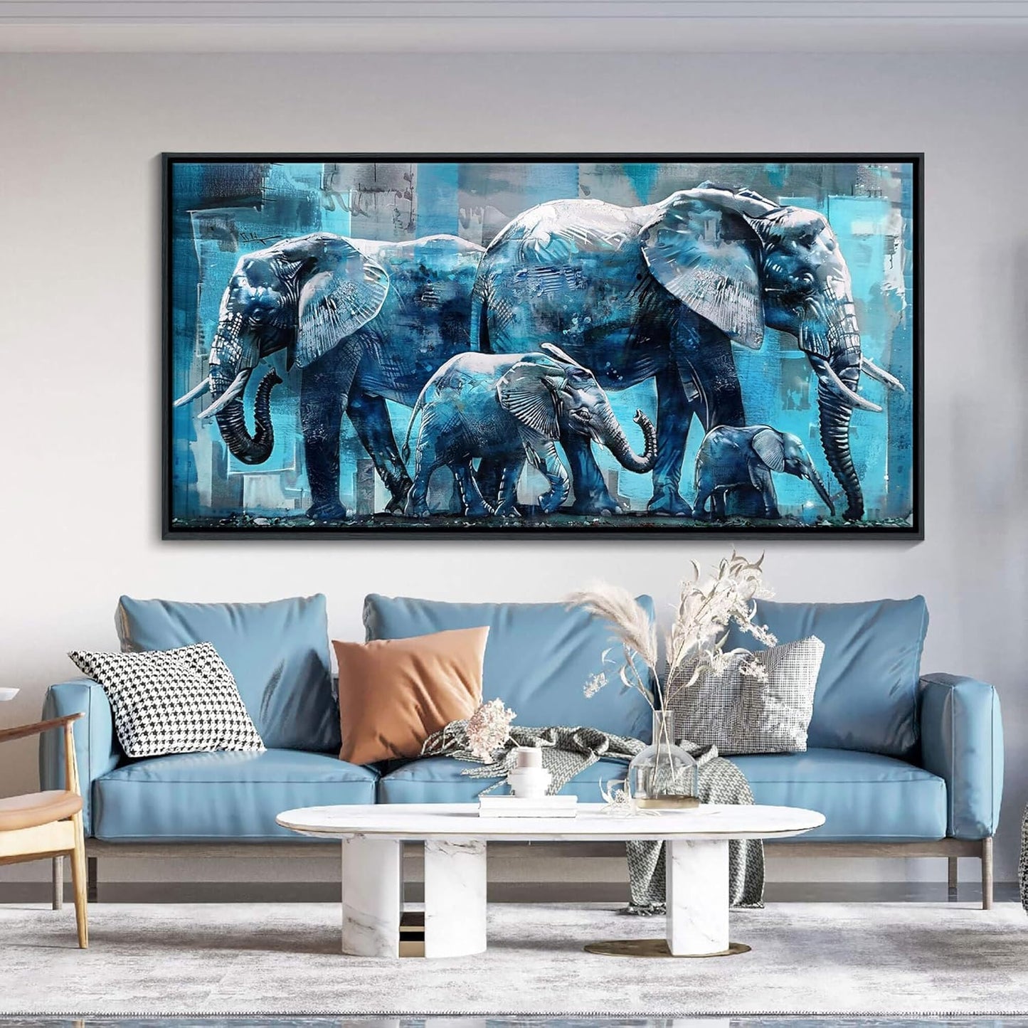 Elephant Canvas Wall Art 24x48 Inches - Framed Oil Painting Style with Black Wood Frame, Jungle Animal Decor for Living Room, Bedroom & Office - Ready to Hang