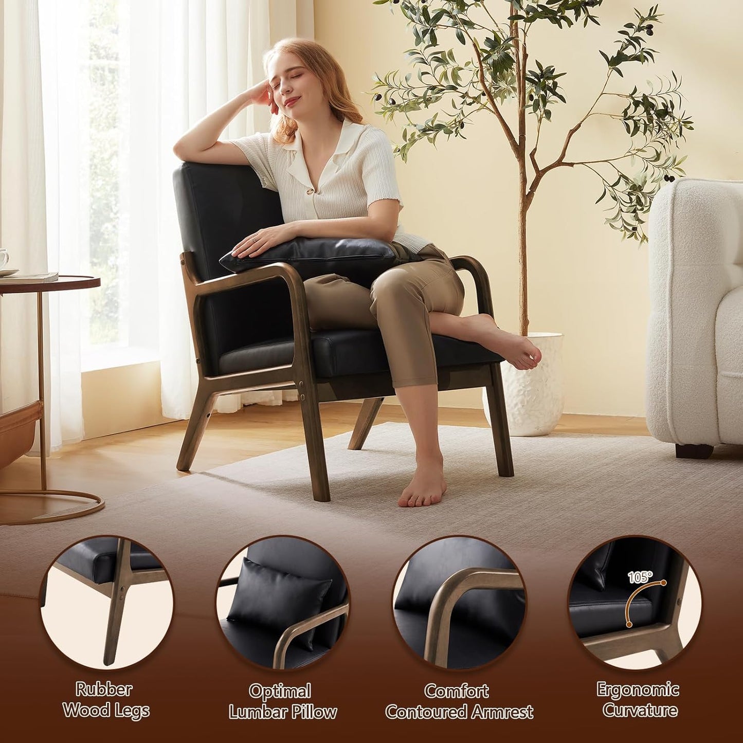 Accent Chair Mid Century Modern Armchair with Lumbar Support Pillow Wood Legs PU Leather Upholstered Lounge Chairs Comfy High Back Cushion for Living Room Bedroom