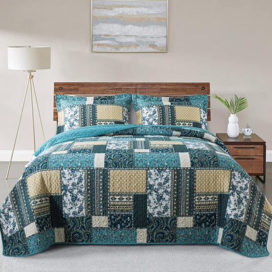 VAPUTAR Quilts King Size - Soft King Quilt Bedding Set with Floral Pattren - 3 Pieces Patchwork Cotton King Bedspreads Set for Farmhouse Bedroom (Dream Blue)