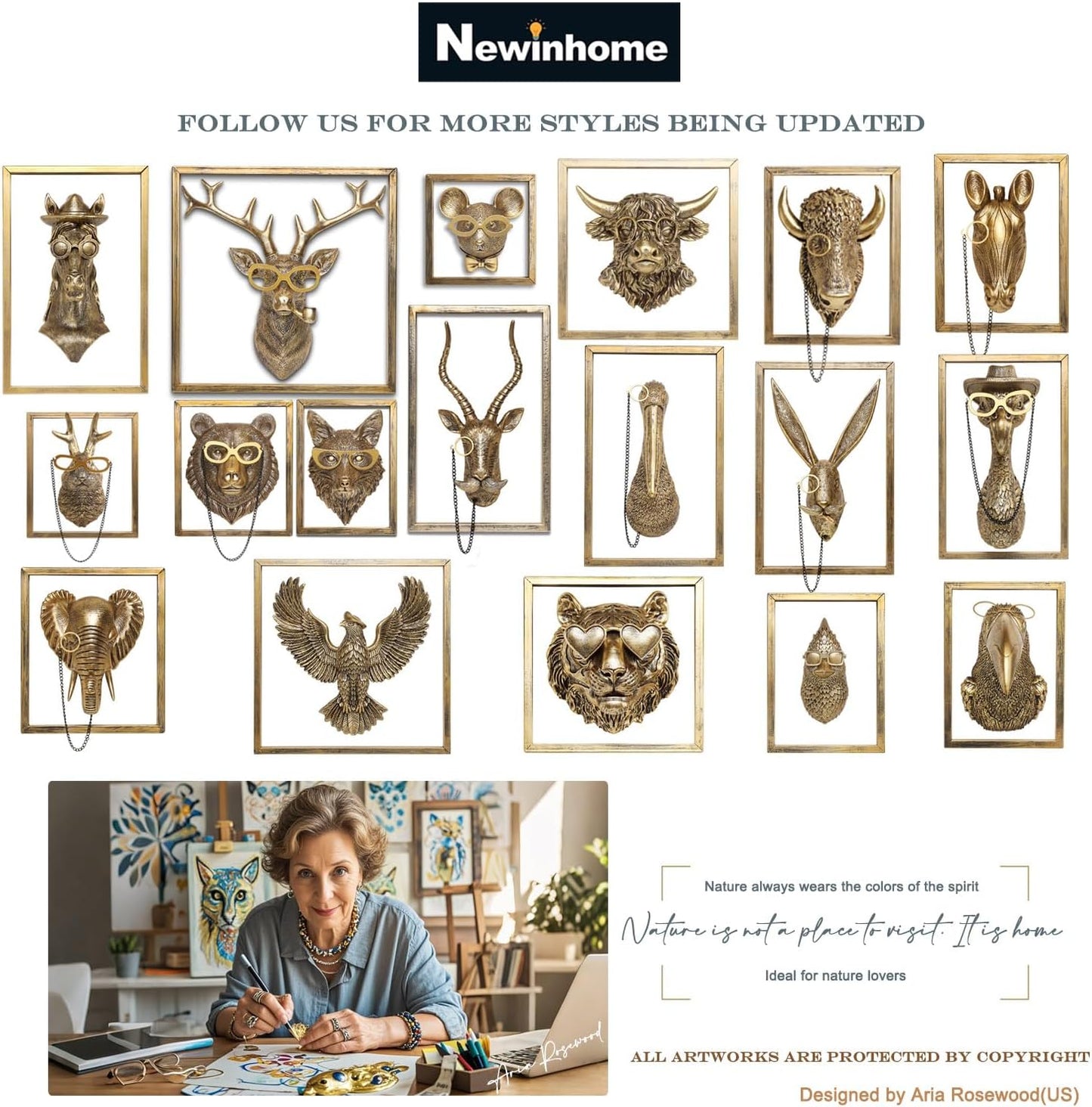 Animal Heads Wall Decor (5pcs, Includes Metal Frame) Resin Animals Sculptures Head Wall Hanging Decoration Gold vintage Wall Sculpture for Living Room Bedroom Office