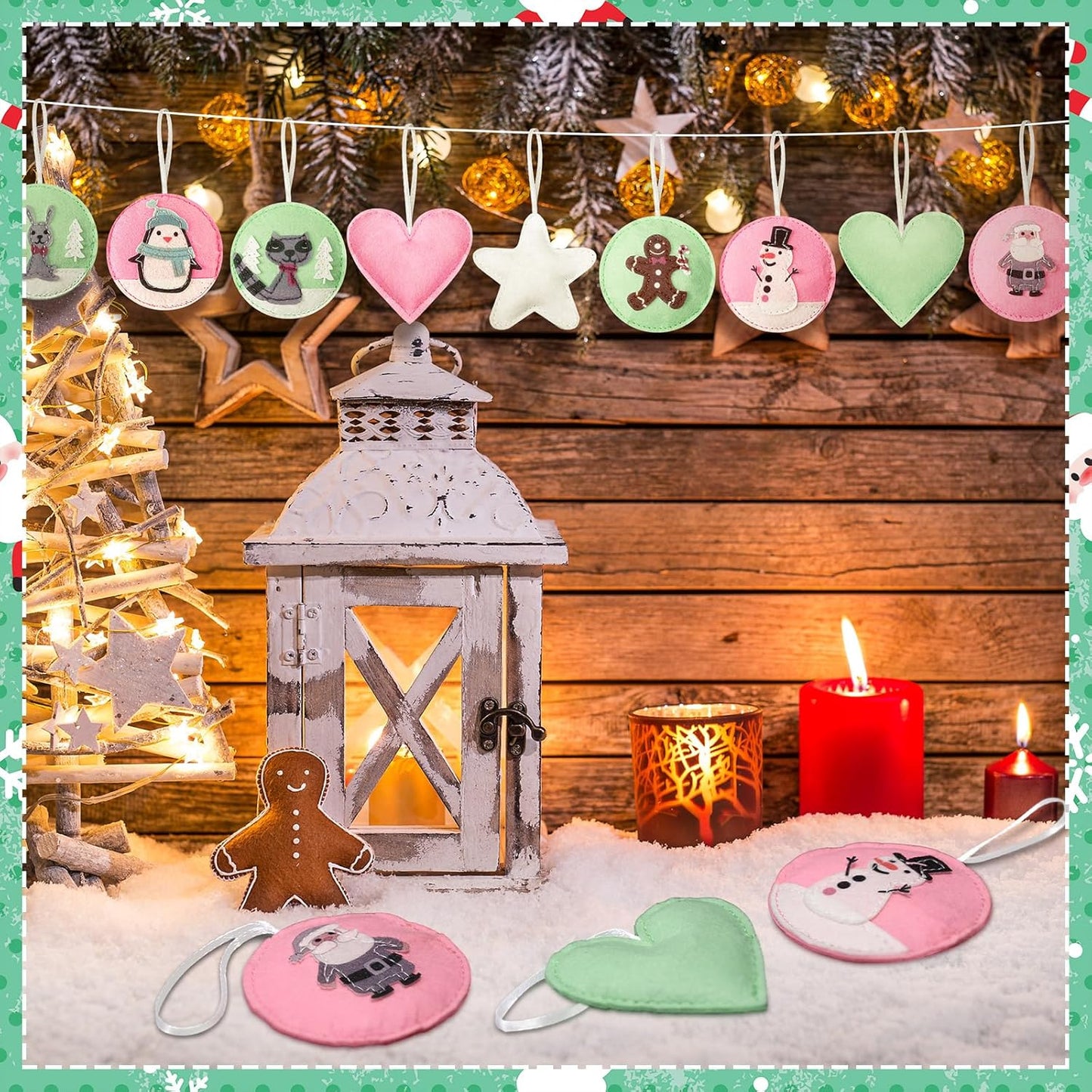 12 Pcs Christmas Felt Ornaments for Tree Santa Claus Snowman Gingerbread 3D Pink Pastel Mint Turquoise Decoration Hanging Felt Craft for Christmas Party Favors Gifts