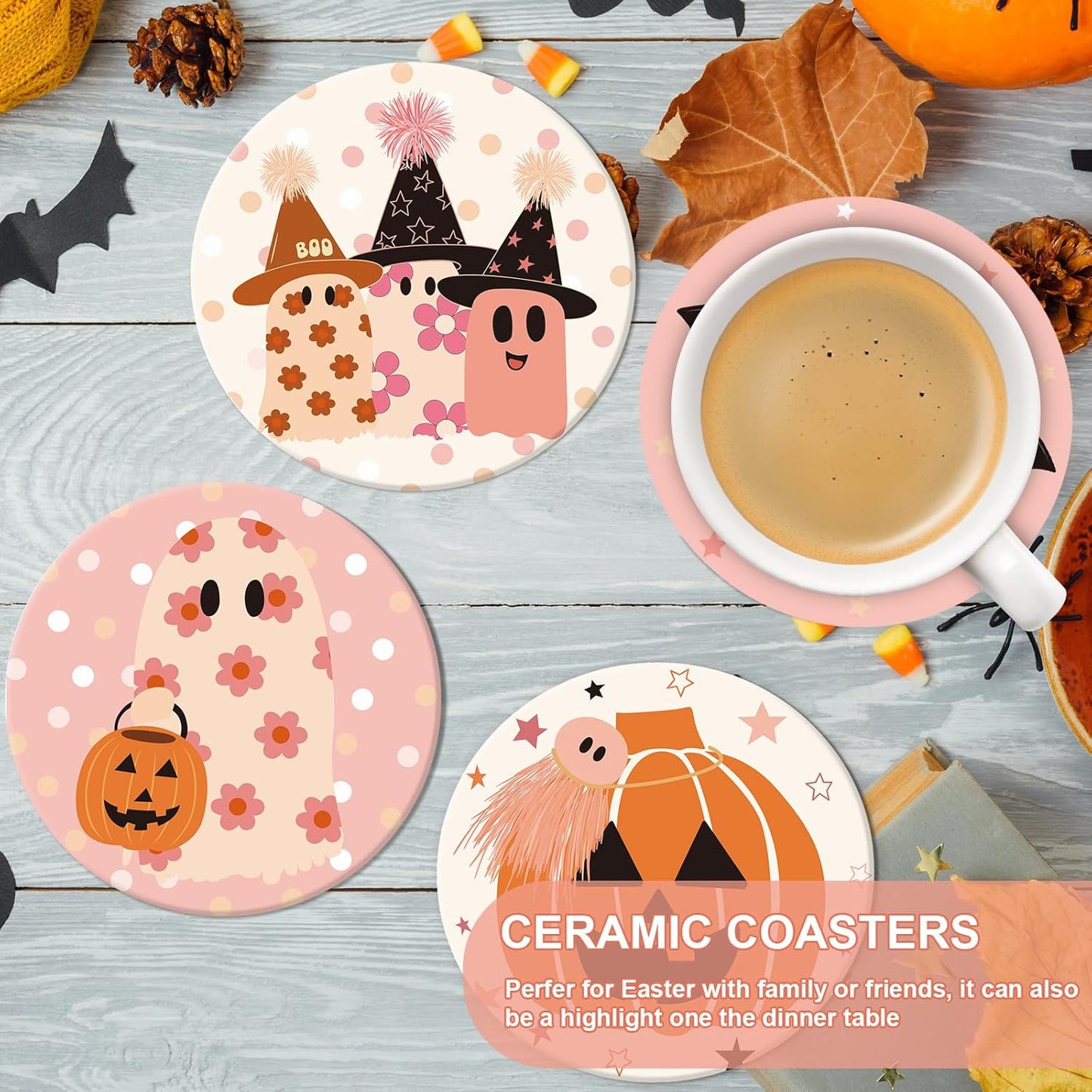 Whaline 4Pcs Halloween Coasters Pink Ghost Bat Pumpkin Ceramic Coasters Absorbent Cup Mat for Home Kitchen Office Party Table Decor