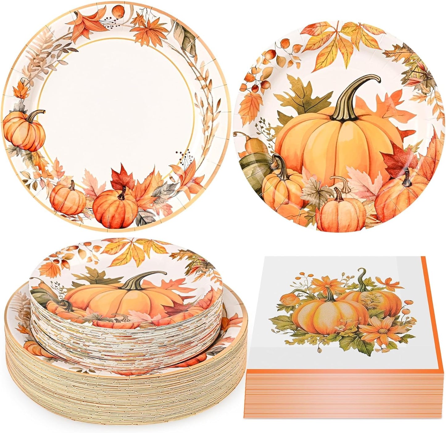 150Pcs Thanksgiving Fall Pumpkin Paper Plates and Napkins Fall Party Supplies Watercolor Pumpkin Maple Disposable Plates Autumn Plates for Fall Decor Thanksgiving Party Supplies,Serve 50 Guests