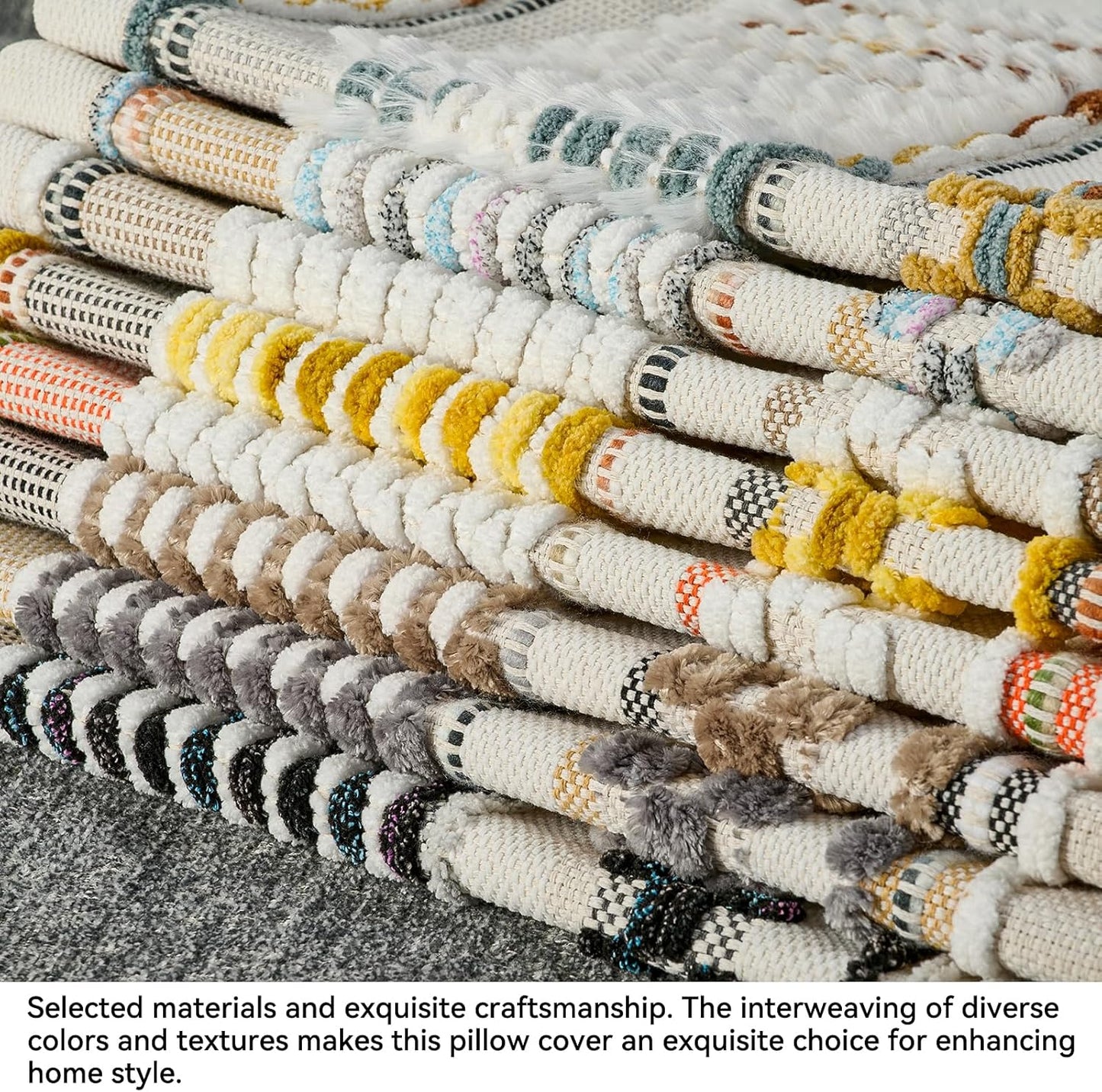 AmHoo Chenille Striped Textured Boho Throw Pillow Covers Aesthetic with Tassels Woven Decorative Pillow Case for Couch Bed Sofa Bedroom Modern Funky 18 x 18-Inch Grey White