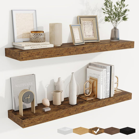 fuqing Floating Shelves for Wall, Bathroom Shelf Wall Mounted for Storage, Shelves with Invisible Bracket for Bedroom, Kitchen, Living Room, Farmhouse Small Book Shelf, 36 Inch Set of 2, Rustic Brown