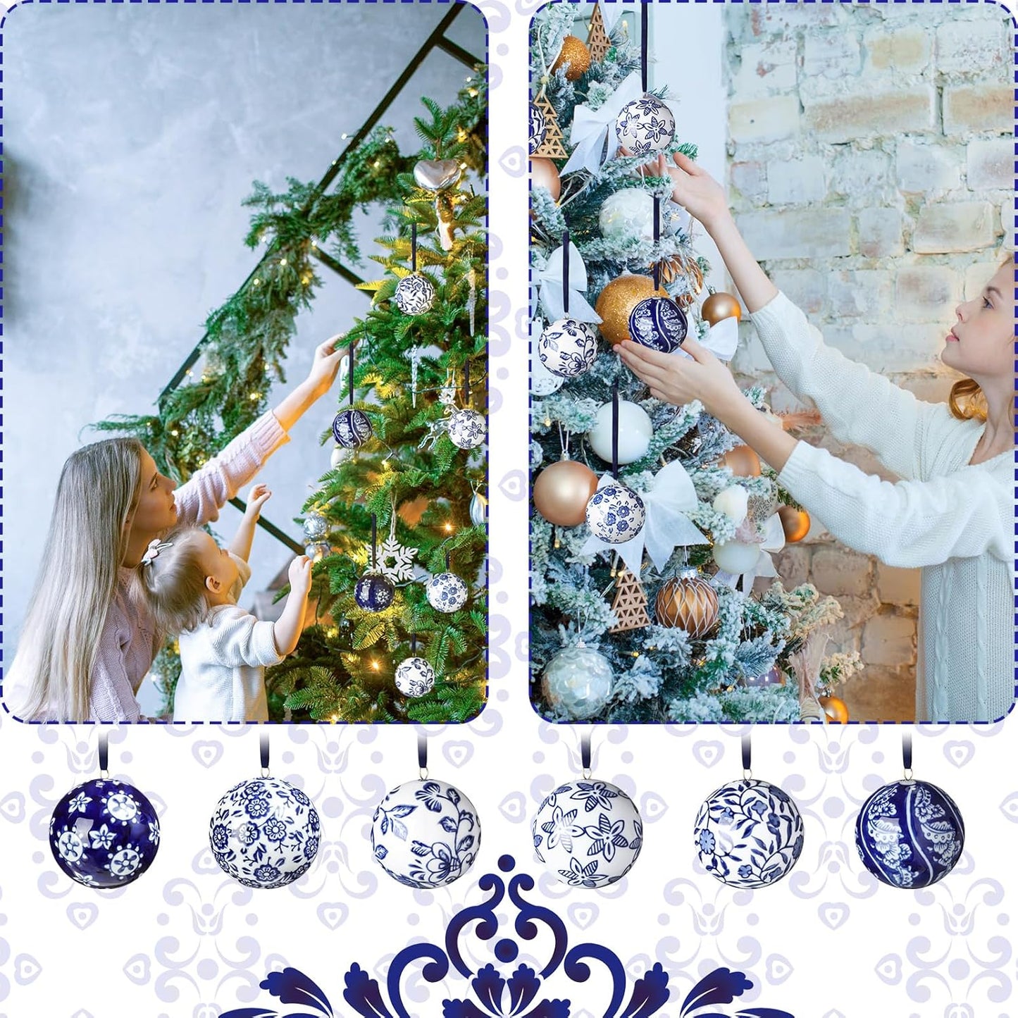 Cindeer 6 Pcs Blue and White Christmas Porcelain Balls 2.4 Inch Porcelain Chinoiserie Ornament Bulk Christmas Ceramic Hanging Decorative for Tree Home Xmas Party (Novelty Style)