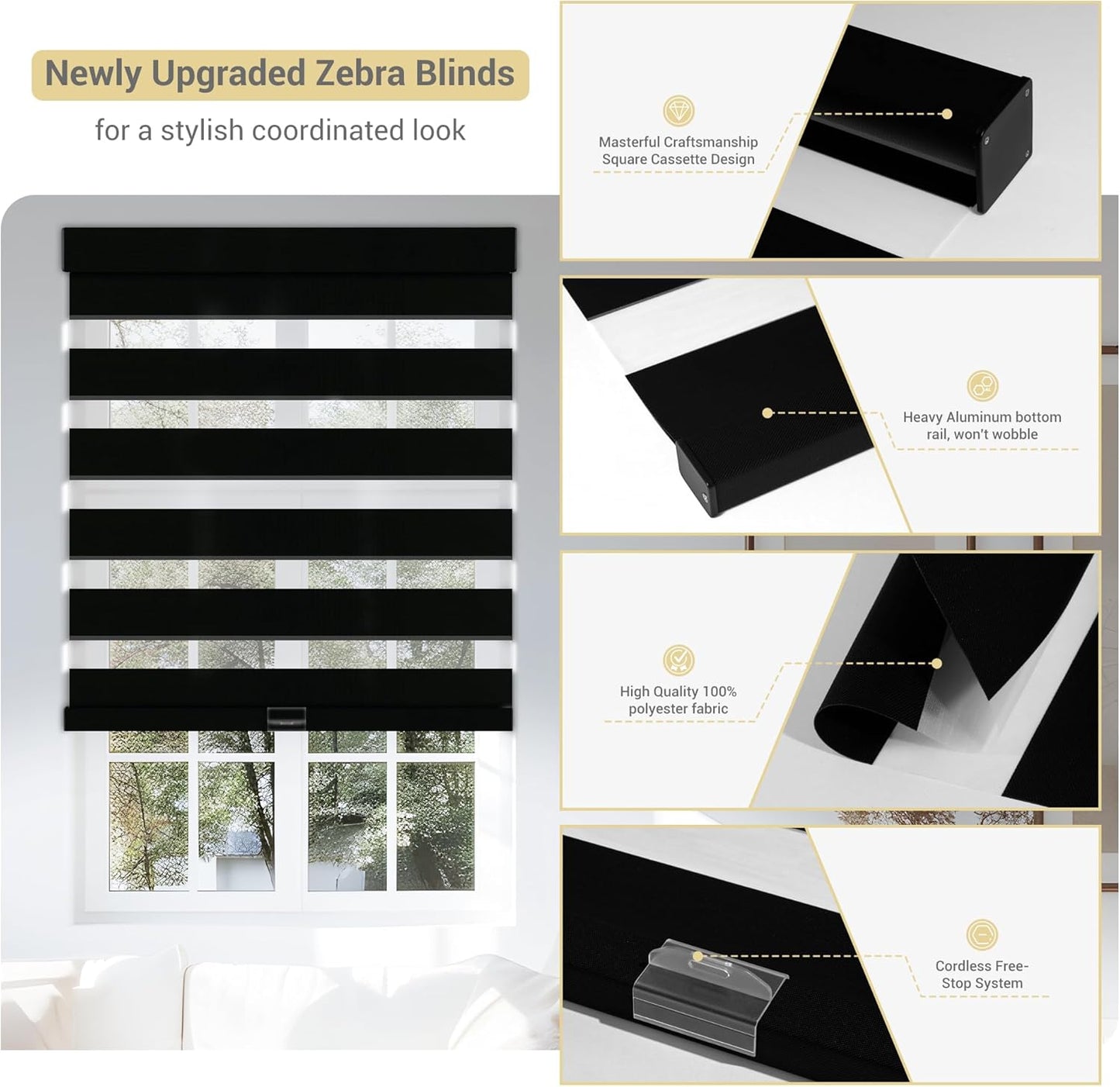 Cordless Zebra Blinds for Windows, Blackout Interior Blinds,Easy to Install,UV Protection,for Offices and Home,Custom Roller Shades, Solid Black, 66" W x 80" H
