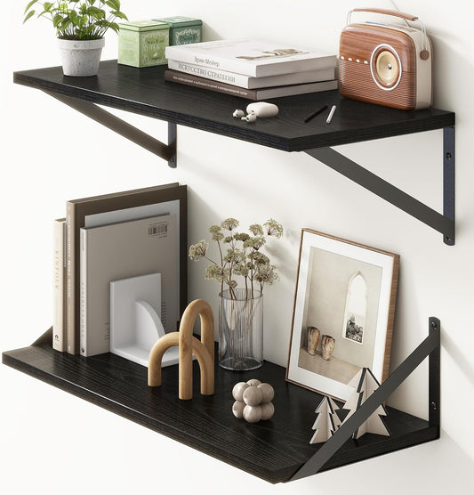 Deep Black Floating Shelves for Wall, 24"W x 10"D Wall Shelves Set of 2, 10 Inch Deep Floating Shelf with Brackets, Wide Display & Storage Shelves for Books, Living Room, Kitchen, Bathroom