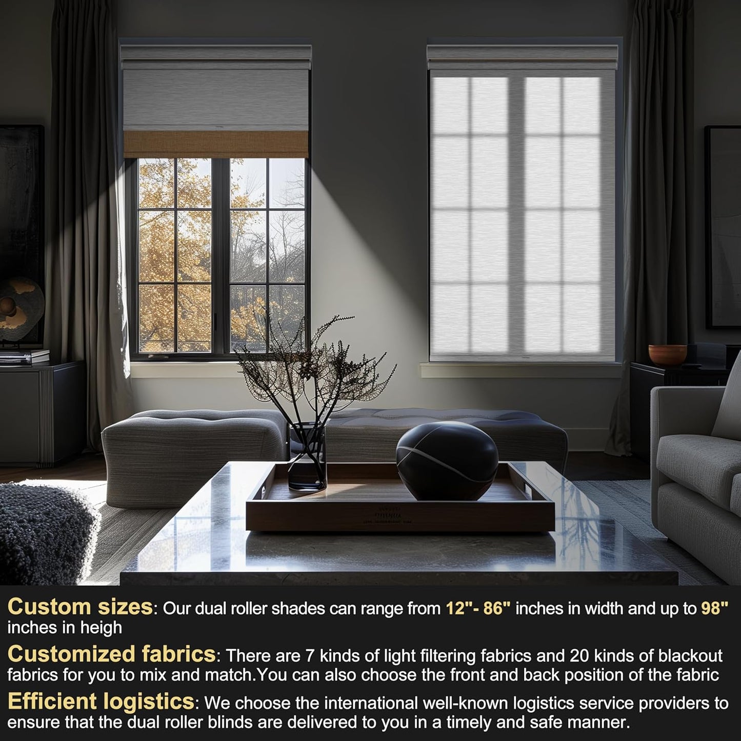 BERISSA Cordless Dual Roller Shades with Cassette Valance - Double Window Shades: Blackout and Light Filtering, Day and Night Operation for Home Office and Door - Linen Beige and White - 67 W x 72" H