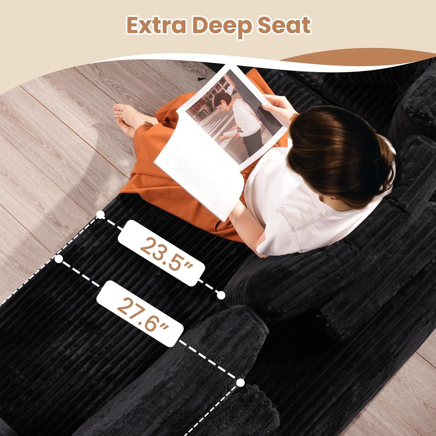 HOOOWOOO Cloud Sectional Couches for Living Room,Modular Sectional Sofa No Assembly,Plush Corduroy Large Floor Couch Furniture Set with Deep Seat Right L Shape and Chaise Lounge(Black)