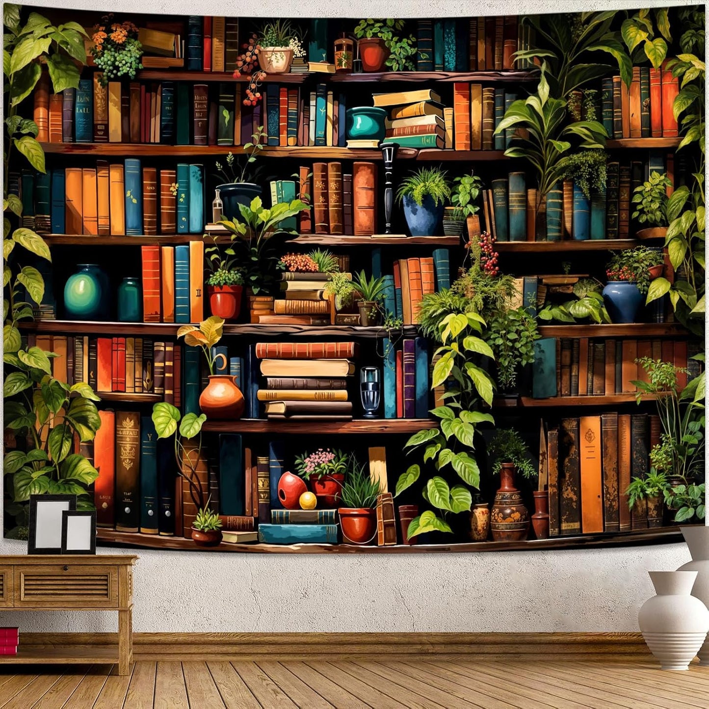 Accnicc Botanical Bookshelf Tapestry Lush Green Plant Book Shelf Tapestries Wall Hanging Art Vintage Retro Potted Plants Academics Library Book Tapestry for Bedroom Living Room Dorm 80 x 60 inch