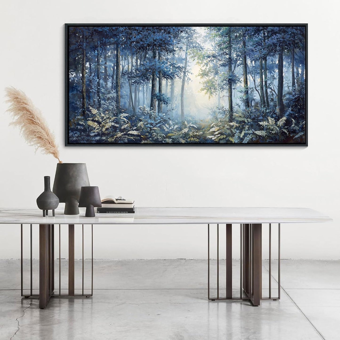 Forest Canvas Wall Art for Living Room - Navy Blue Bedroom Wall Art, Landscape Pictures Wall Decor, Forest Painting, Framed Nature Tree Artwork Walls 29×58IN