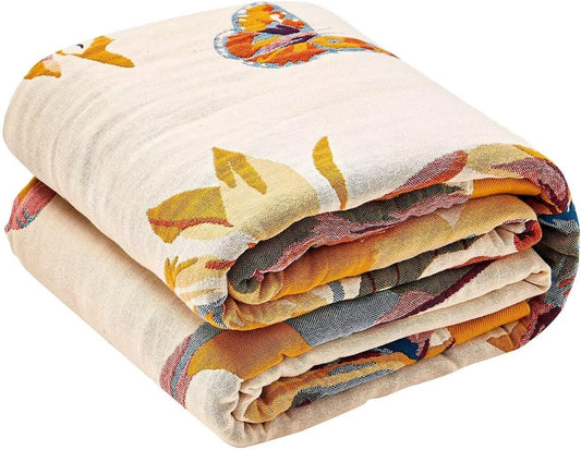 Boho Throw Blanket, 100% Cotton Ultra Soft Luxury Throw Rustic Quilt, 90"x98" Floral Bird Butterfly Farmhouse Decor Bed Blankets, All Season Rustic Reversible Bohemian Throw for Bed - Yellow