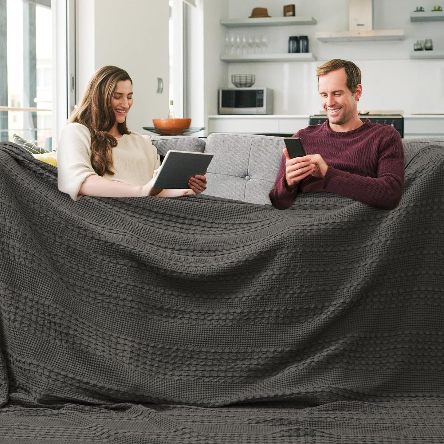PHF 100% Cotton Waffle Blanket Oversized King 120"x120", Lightweight Breathable Extra Large 10'x10' Summer Blankets for Bed, Giant Big Luxury Aesthetic Woven Bedding for Home Decor, Charcoal Grey
