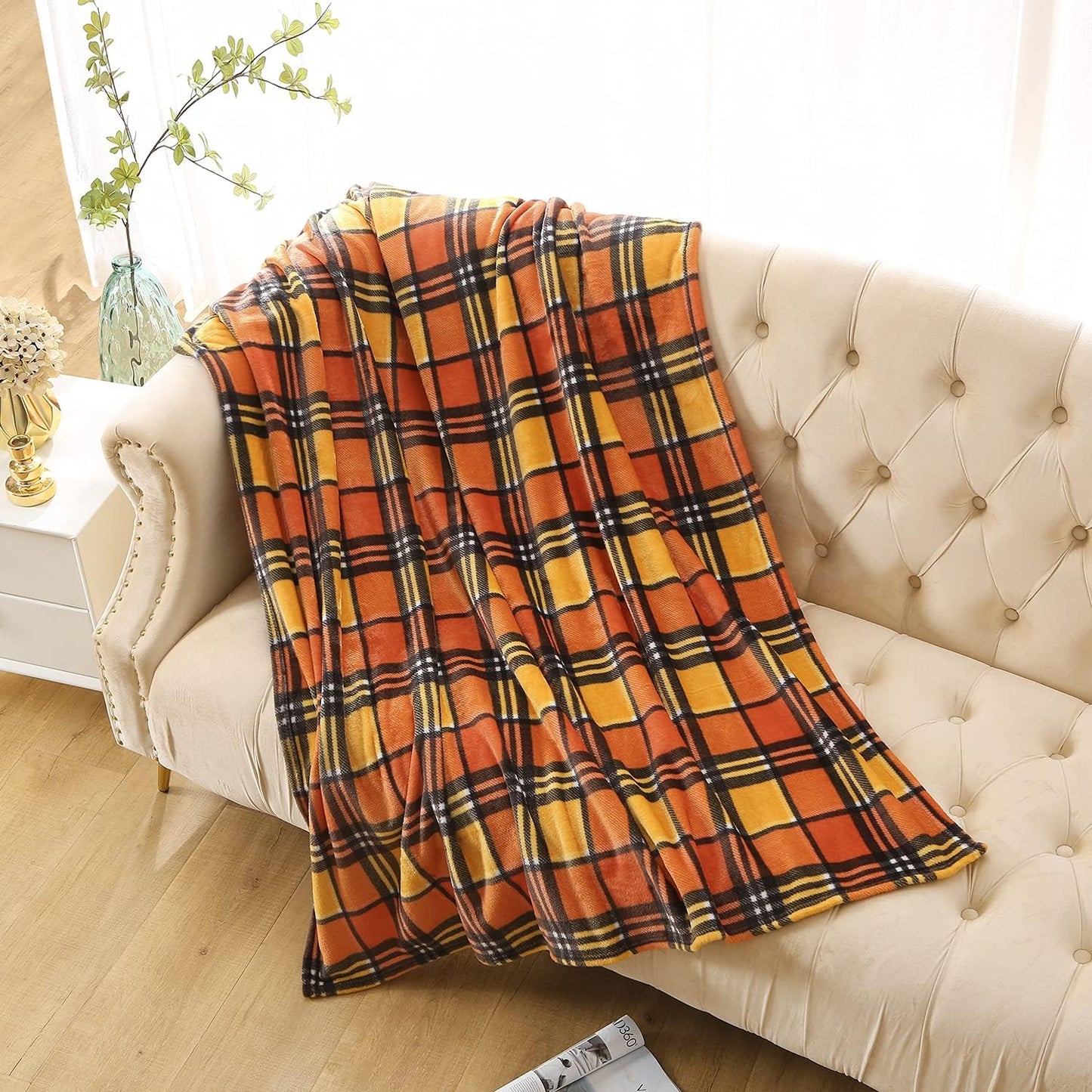 MERRYLIFE Throw Blanket for Couch Orange Plaid Chair Throw Blanket| Soft Decorative Ultra-Plush Colorful| Throw Size Travel Blanket Plush|(50" 60", Harvest Plaid)