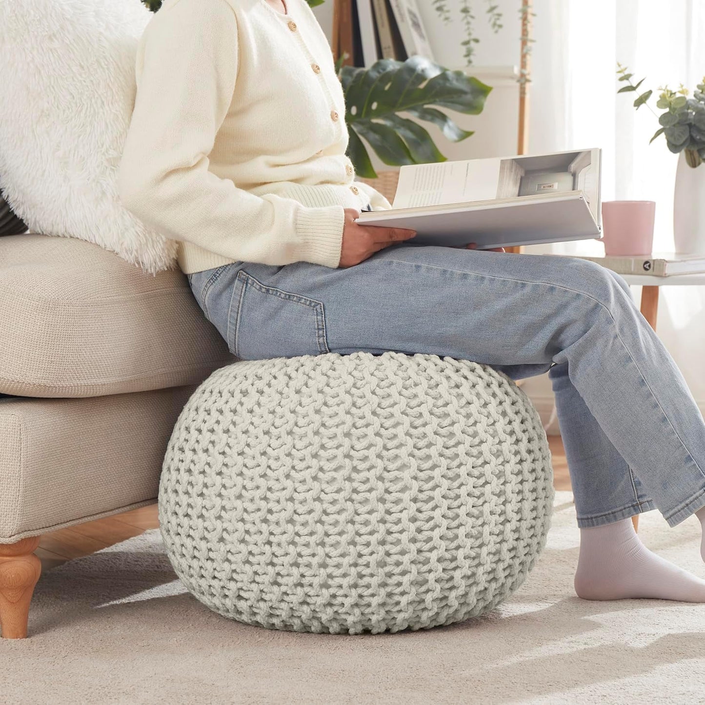 Ornavo Home Pouf Ottoman Foot Rest - 100% Cotton Pouffe - Hand Knitted Cable Braid Cord - Boho Round Stuffed Ottoman for Living Room, Bedroom - Natural