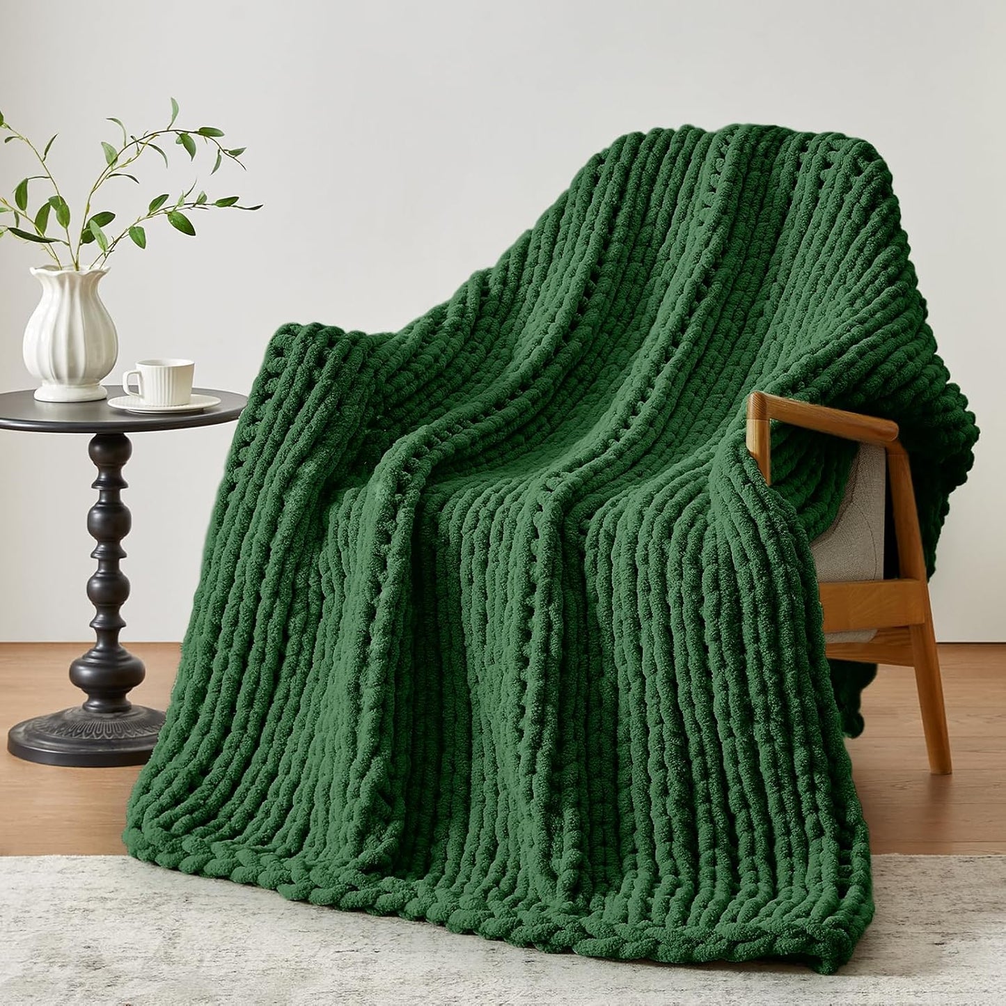 Chunky Knit Throw Blanket, 50''*60'' Knitted Throw Chenille Yarn for Bed Couch, Handmade Grass Green Crochet Big Thick Blanket, Machine Washable Cute Comfy Blanket for Home Decor
