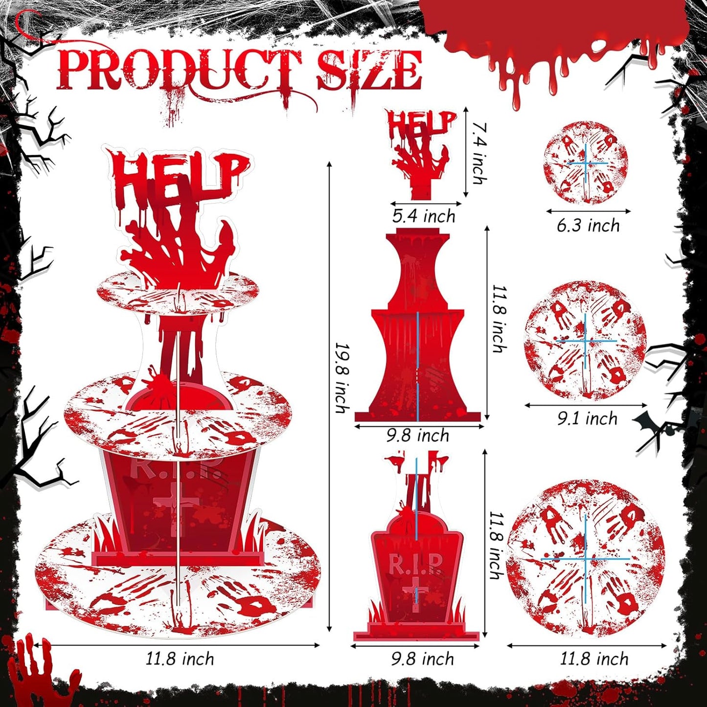 Sliner 3 Tier Halloween Bloody Cupcake Stand Party Decorations Bloodys Handprint Cupcake Holder Halloweens Bloodys Help Cake Holder Bloody Theme Dessert Stand for Horror Scary Party Supplies