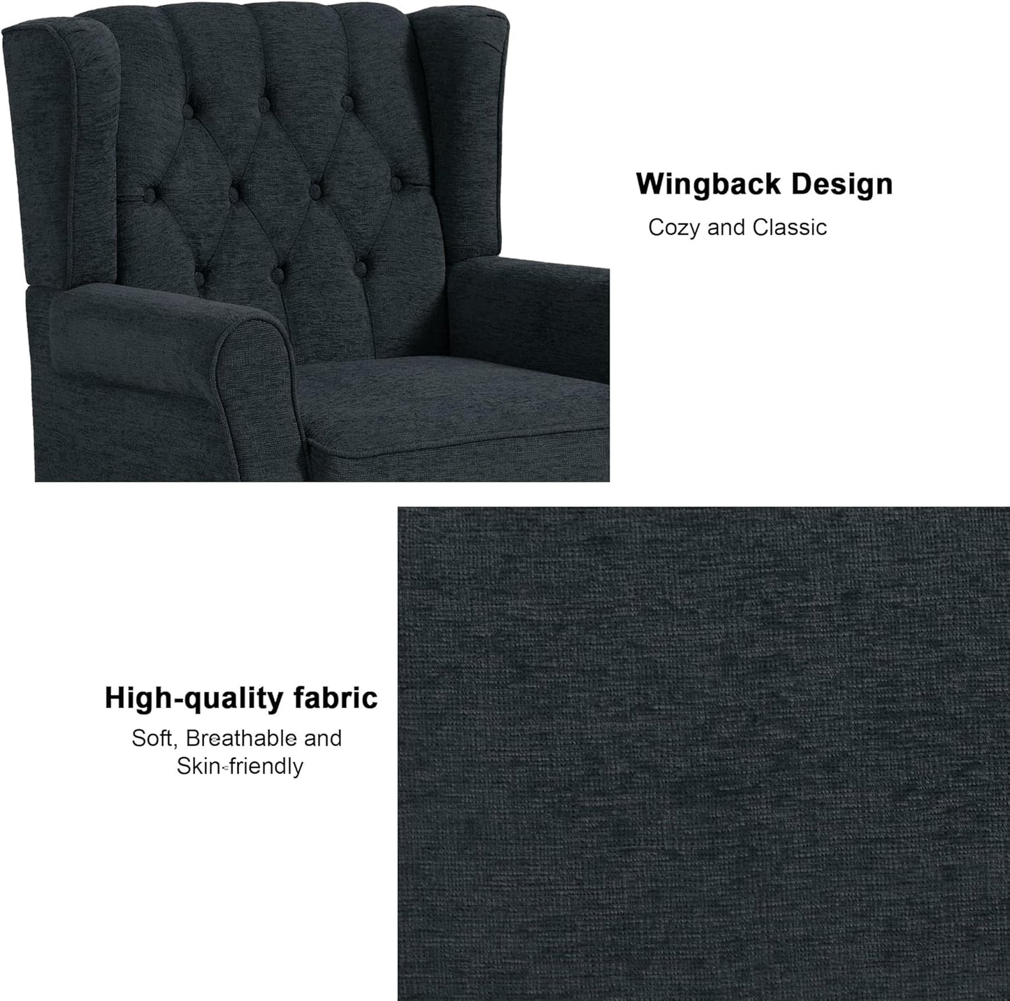 Accent Chair, Upholstered Armchair with Button Tufted High Back & Solid Wood Legs, Comfy Wingback Reading Single Sofa Chair for Small Spaces, Living Room, Bedroom (Blue, Set of 2)