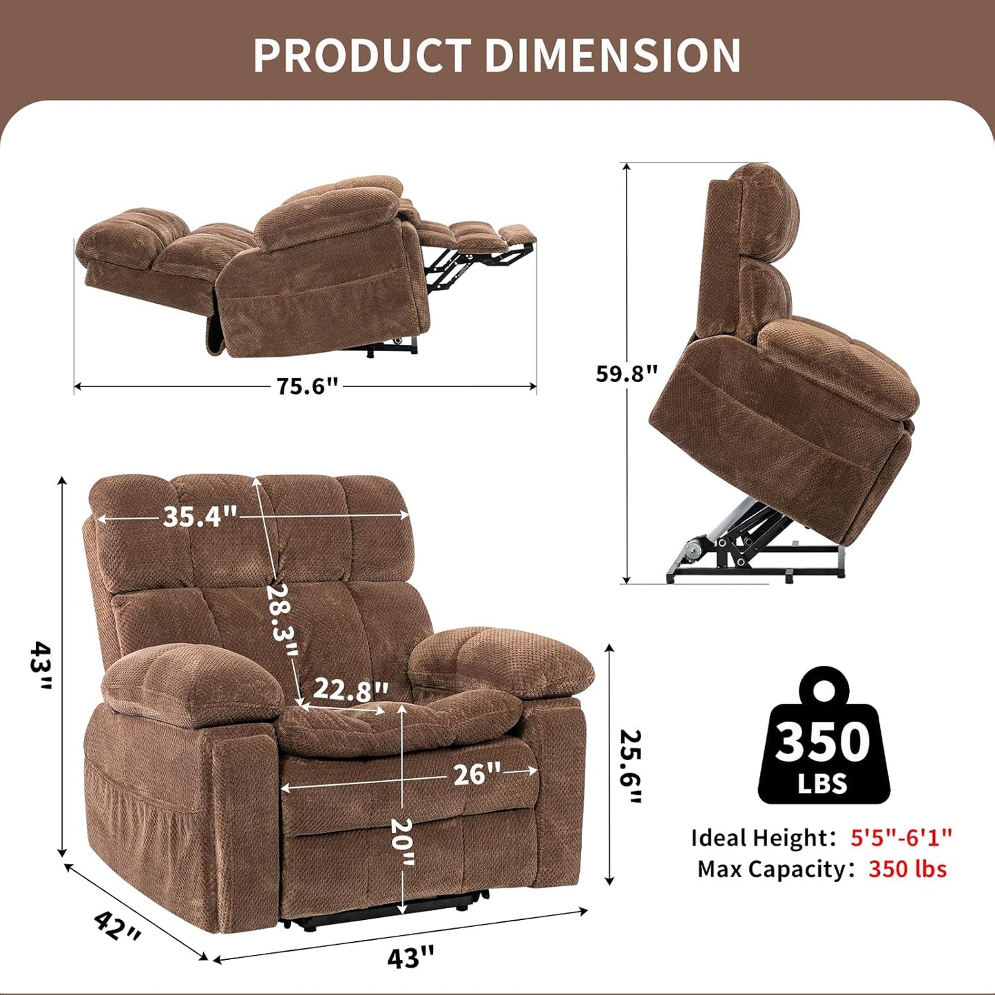 Oversized Power Lift Recliner Chair with Adjustable Headrest for Elderly,Dual Motor Lay Flat Recliner Chair with USB Port,Type C,Big and Tall Recliner with Massage and Heat,Cup Holders,Storebox,Brown