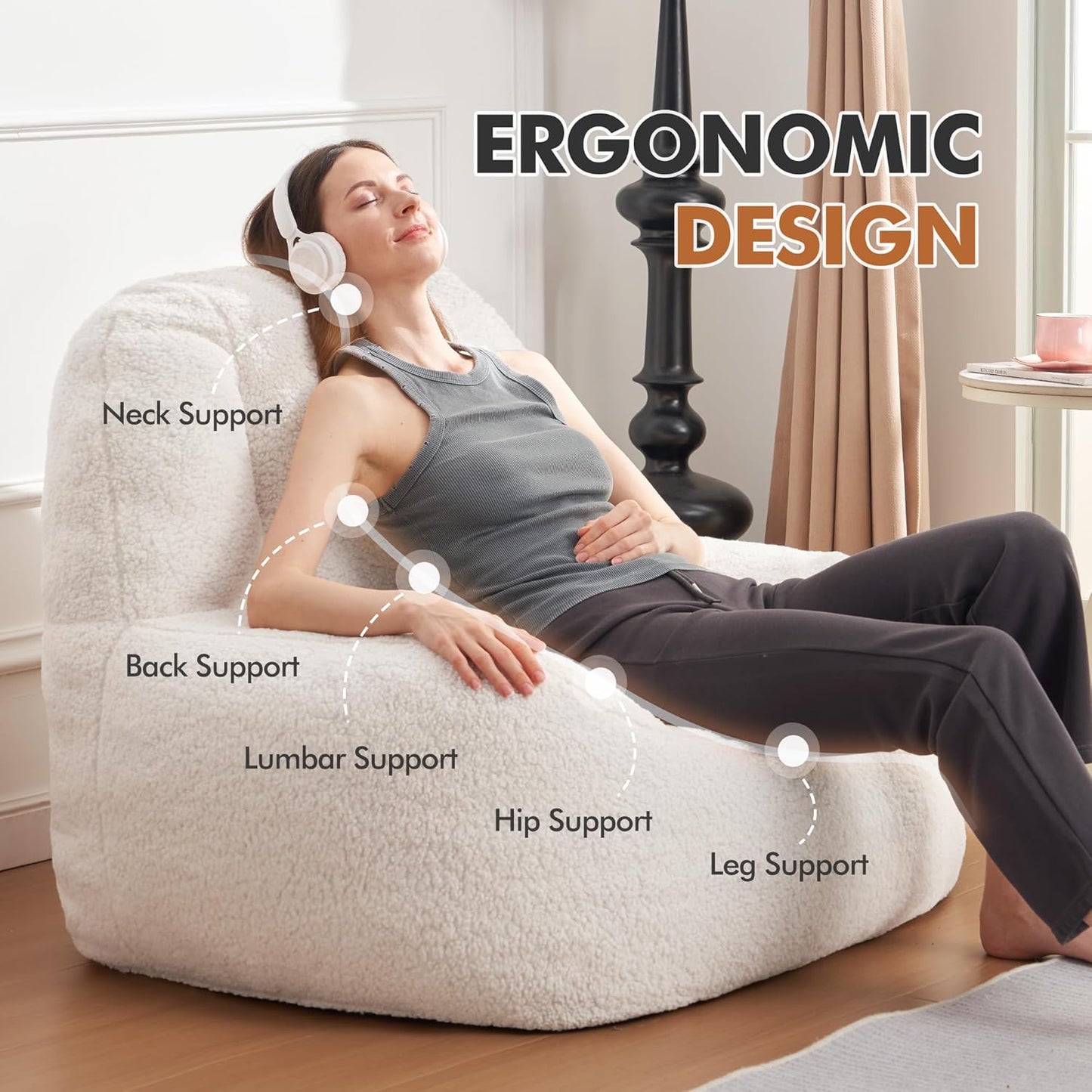 Homguava Bean Bag Chairs for Adults,Giant Beanbag Couch Adult Bean Bag Chair with Filler Included,Modern Lazy Sofa Comfy Chair for Living Room(White)