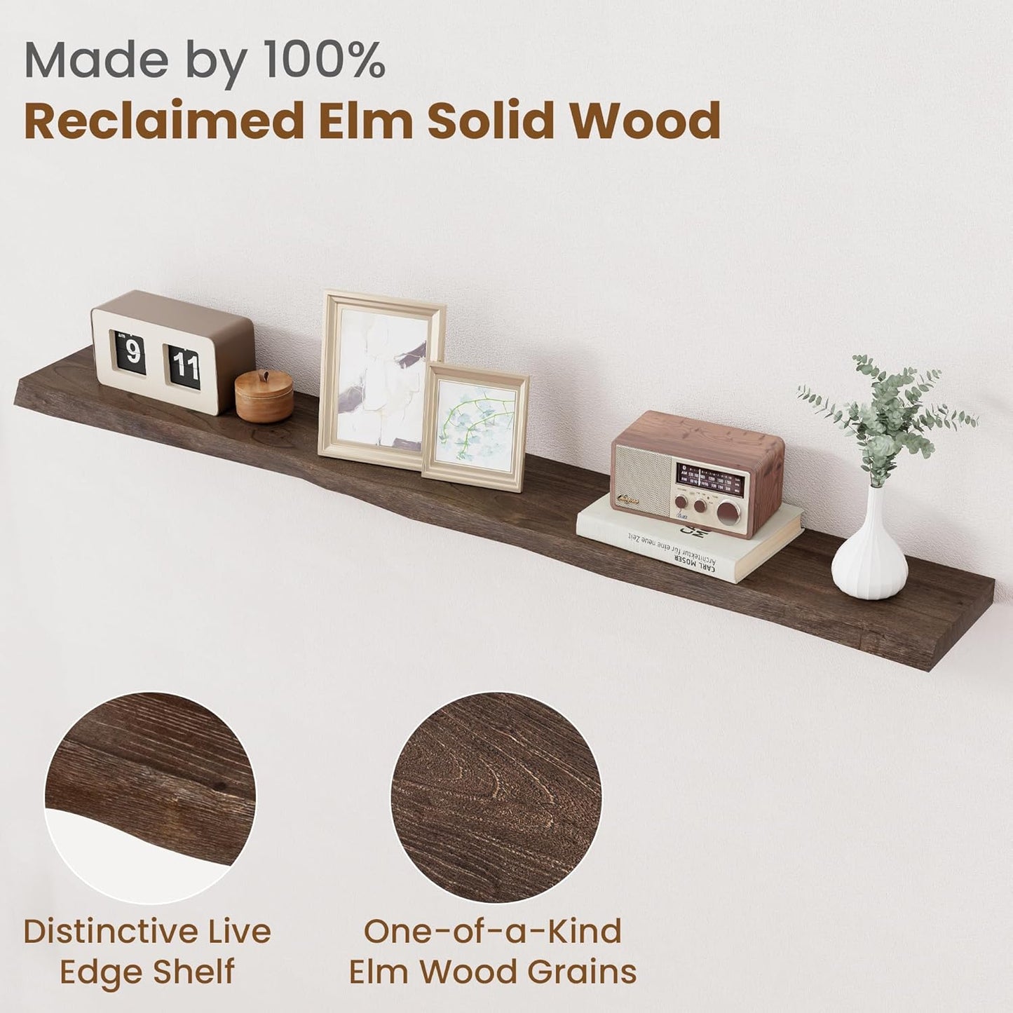 Floating Shelves for Wall Decor, Rustic Solid Elm Wood Live Edge Floating Shelves Wall Mounted, Wall Shelves with Invisible Bracket for Living Room Bathroom Bedroom Kitchen, 55 Inch, Walnut